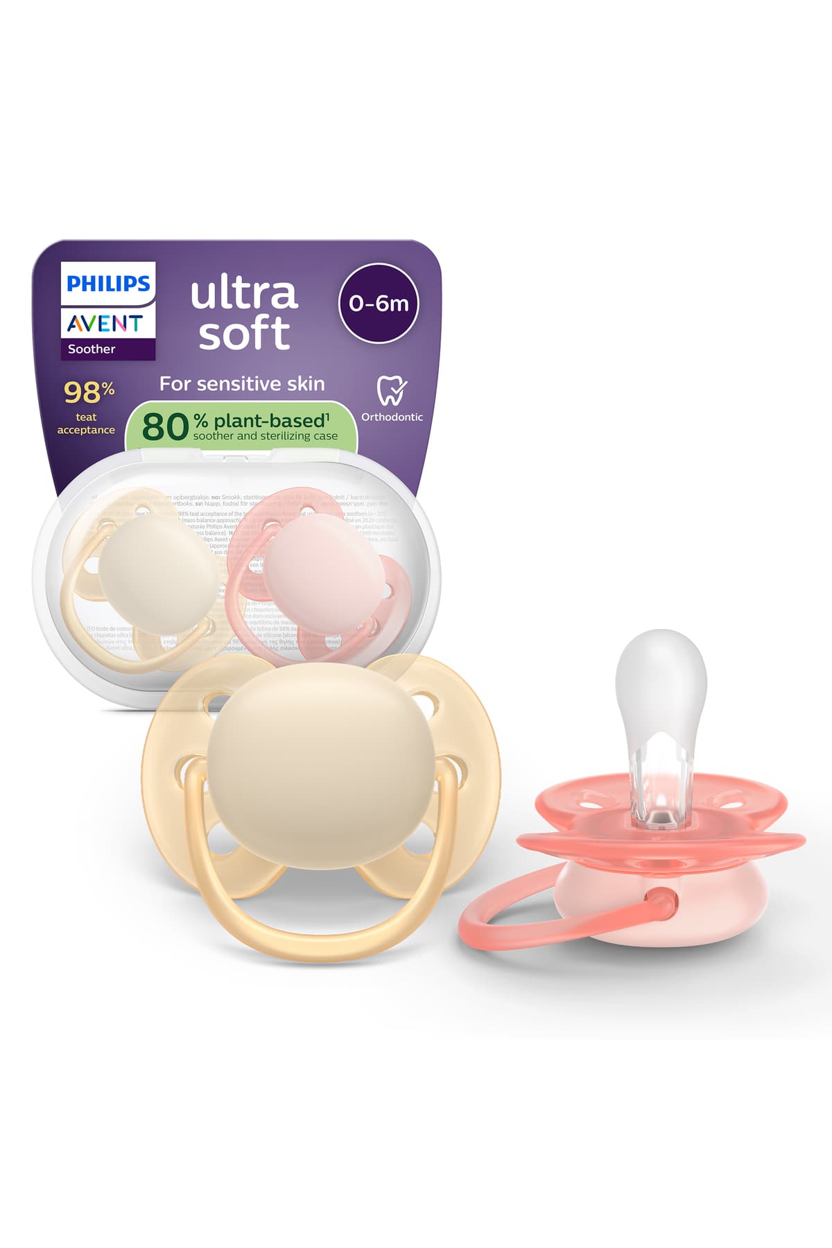Philips Avent Ultra Soft Emzik 0-6 Ay, Kız, Esnek Emzik Kalkanı, Ortodontik, Yumuşak Silikon Uçlu, BPA İçermez, Hijyen Kutulu, 2'li, SCF091/38