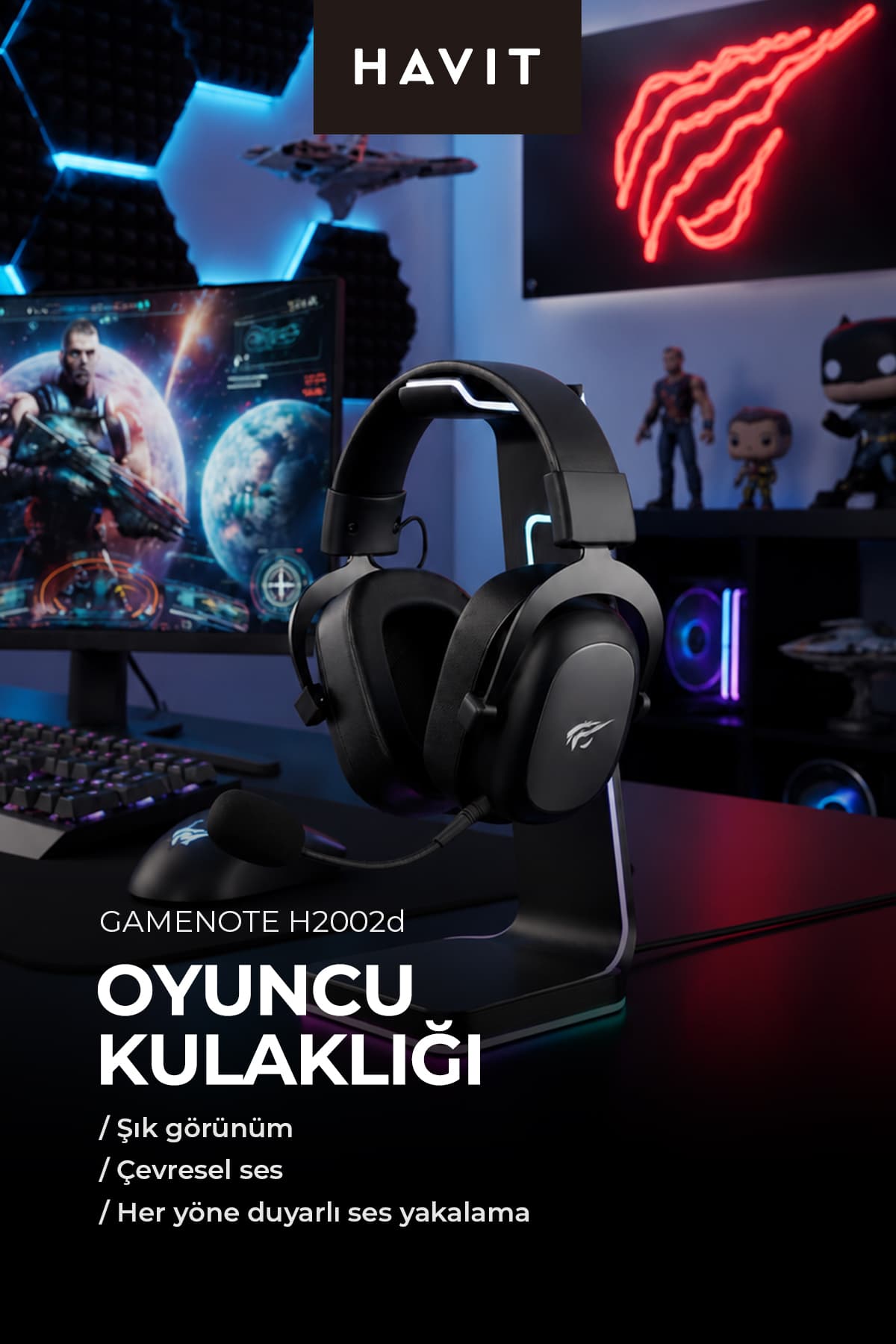 Havit Gamenote H2002D Gaming Oyuncu Kulaklığı, -Ø6.0×2.2mm Mikrofon, 53mm Sürücü, 3.5mm Jack Kablolu