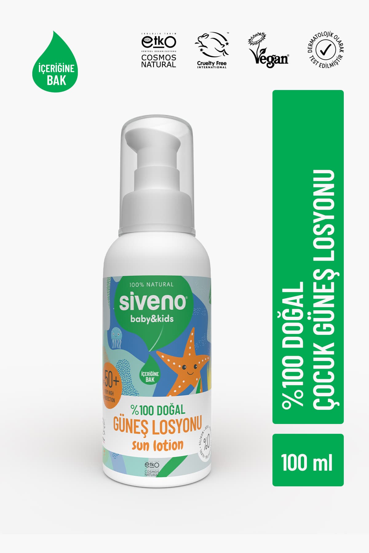 Siveno %100 Doğal Çocuk Güneş Losyon Leke Karşıtı Antioksidan Nemlendirici Vegan SPF 50+ UVA UVB 100 ml