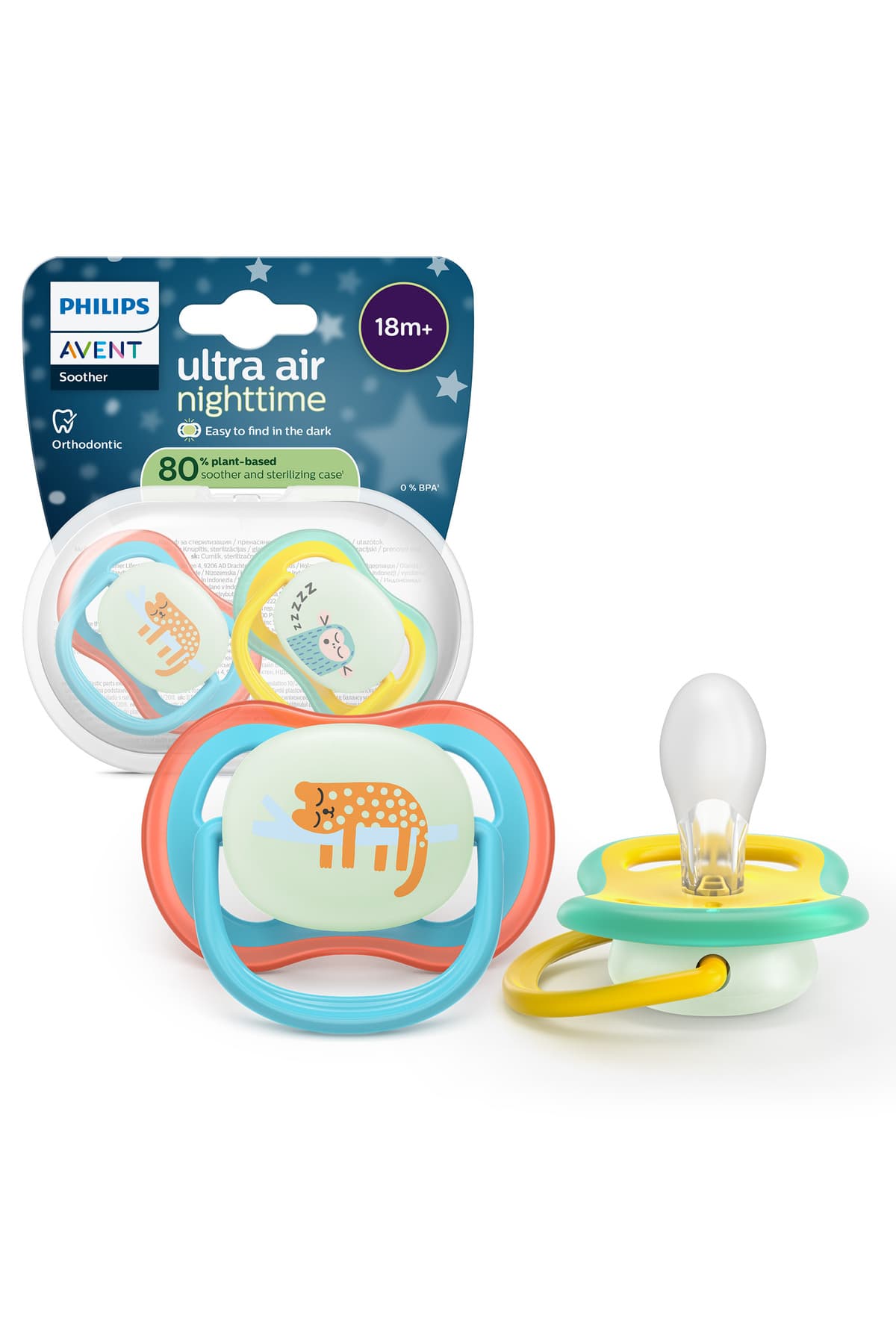 Philips Avent Ultra Air Gece Emziği, 18+ Ay, Erkek, Karanlıkta Parlayan, OrtodontikYumuşak Silikon Uçlu, BPA İçermez, Hijyen Kutulu, 2'li, SCF376/32