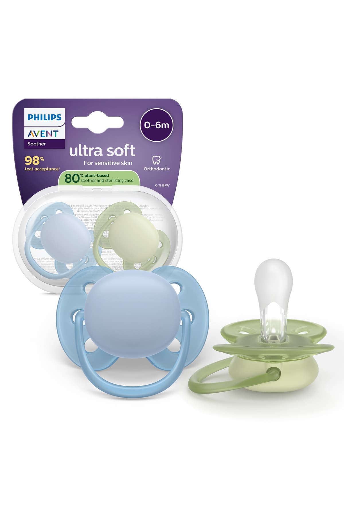 Philips Avent Ultra Soft Emzik 0-6 Ay, Erkek, Esnek Emzik Kalkanı, Ortodontik, Yumuşak Silikon Uçlu, BPA İçermez, Hijyen Kutulu, 2'li, SCF091/37