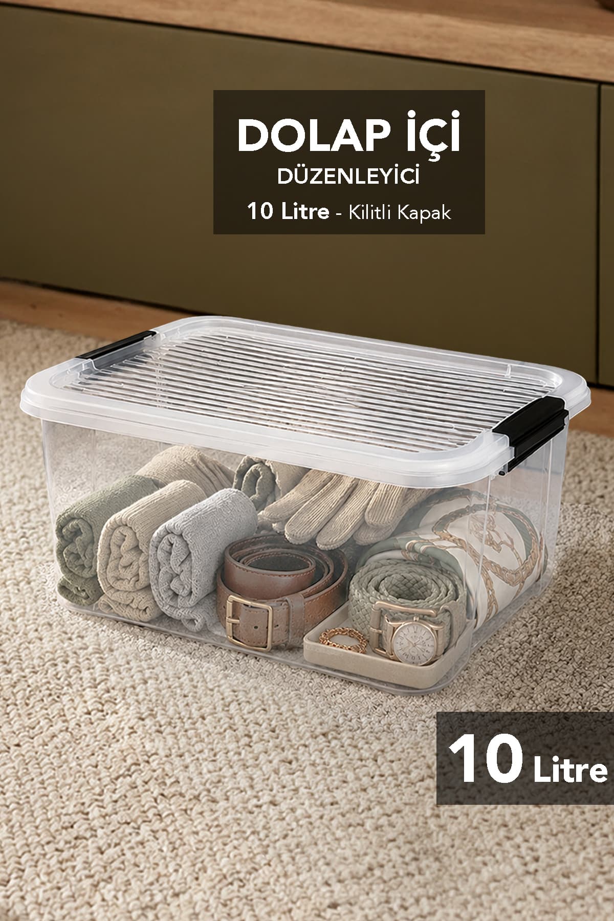 Meleni Home 10Lt Kilitli Kapak Organizer - Elora Dolap İçi Düzenleyici Çok Amaçlı Saklama Kutusu Şeffaf