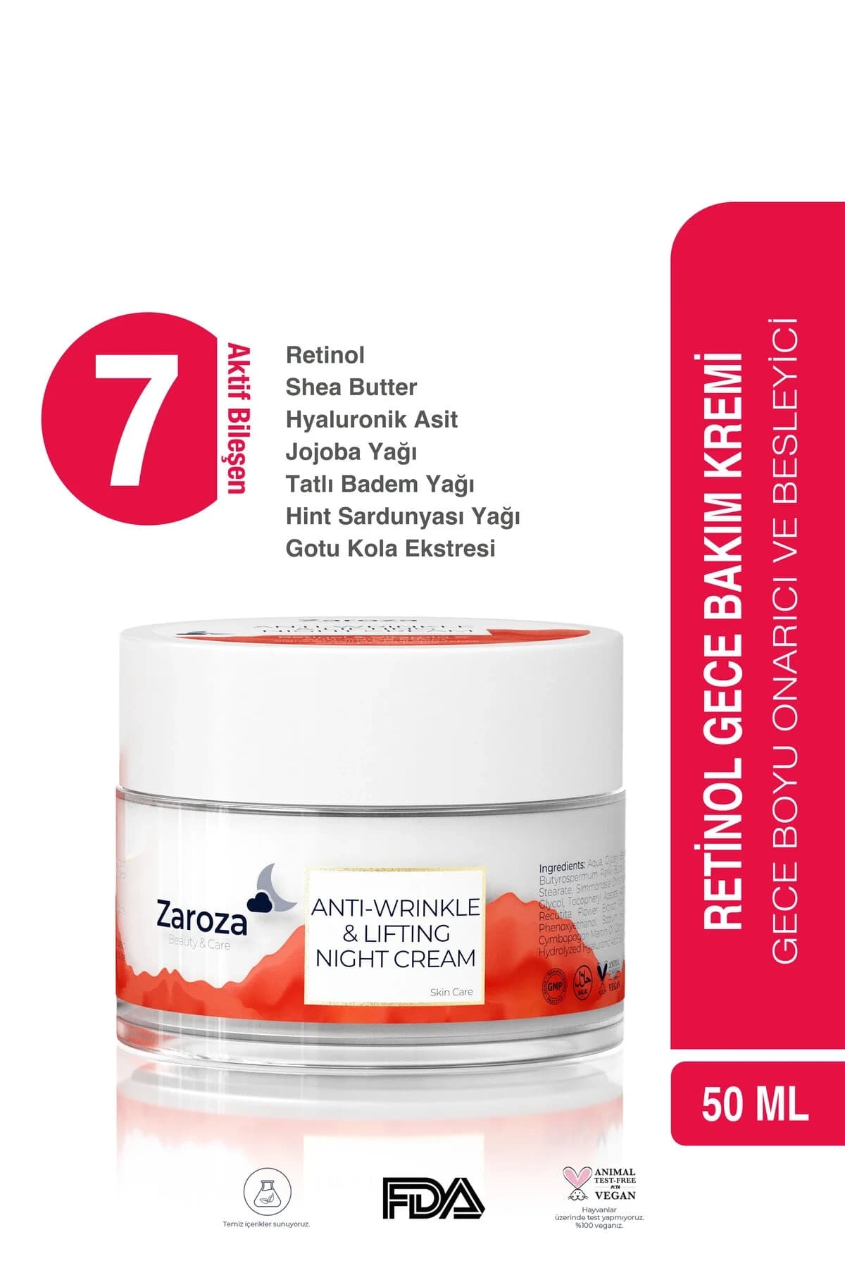 ZAROZA Retinol - Nemlendirici Gece Yüz Kremi - Leke, Kırışıklık Karşıtı Anti Wrinkle & Lifting Night Cream