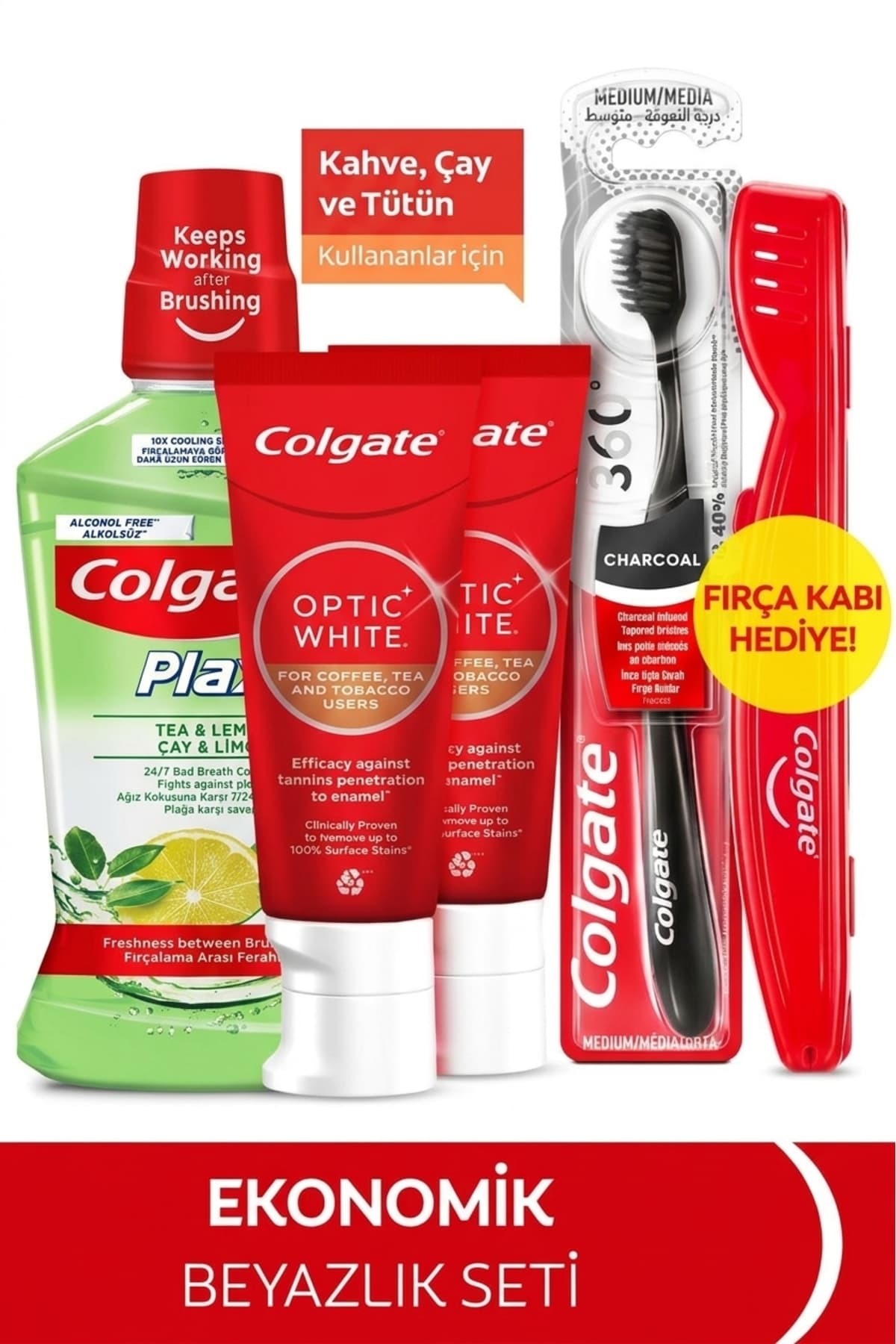 Colgate Optic White Kahve, Çay Kullananlar 50 Ml 2'Li Diş Macunu, Orta Diş Fırçası, Ağız Bakım Suyu 500 Ml