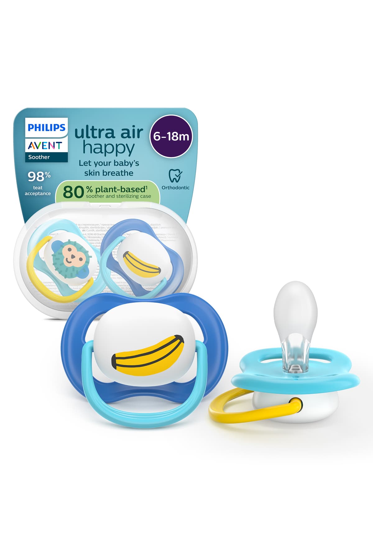 Philips Avent Ultra Air Emzik 6-18 Ay, Erkek, Ortodontik, Yumuşak Silikon Uçlu, BPA İçermez, Taşıma ve Hijyen Kutulu, 2'li Paket, SCF080/26