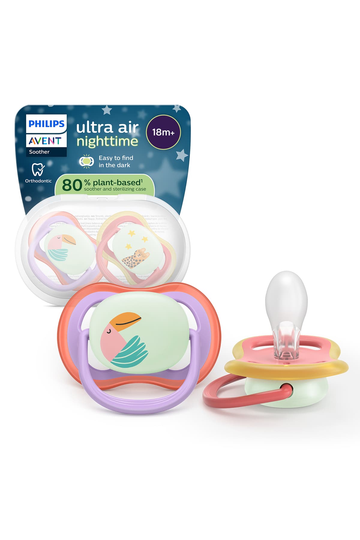 Philips Avent Ultra Air Gece Emziği, 18+ Ay, Kız, Karanlıkta Parlayan, OrtodontikYumuşak Silikon Uçlu, BPA İçermez, Hijyen Kutulu, 2'li, SCF376/33
