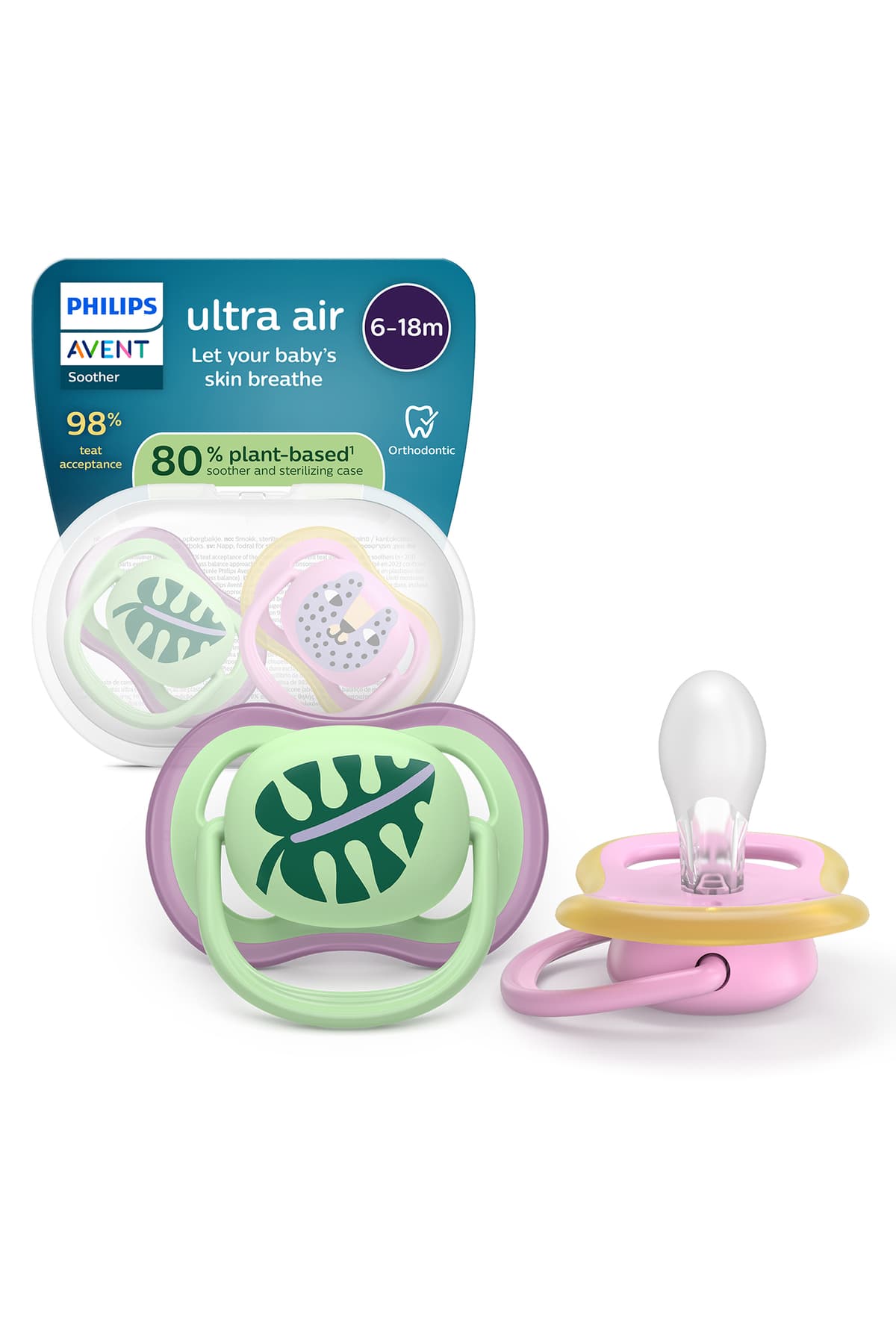 Philips Avent Ultra Air Emzik 6-18 Ay, Kız, Ortodontik, Yumuşak Silikon Uçlu, BPA İçermez, Hijyen Kutulu, 2'li, SCF087/13