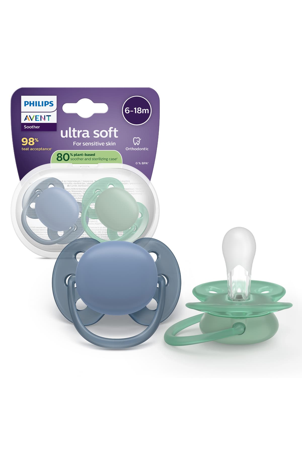 Philips Avent Ultra Soft Emzik 6-18 Ay, Erkek, Esnek Emzik Kalkanı, Ortodontik, Yumuşak Silikon Uçlu, BPA İçermez, Hijyen Kutulu, 2'li, SCF091/42