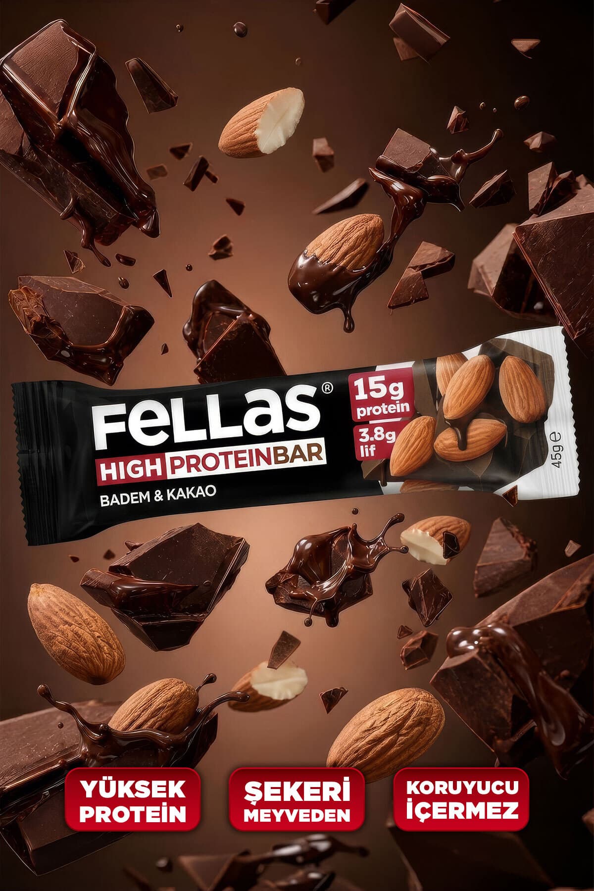 Fellas Yüksek Protein Bar - Bademli ve Kakaolu (45 g) x 12 Adet