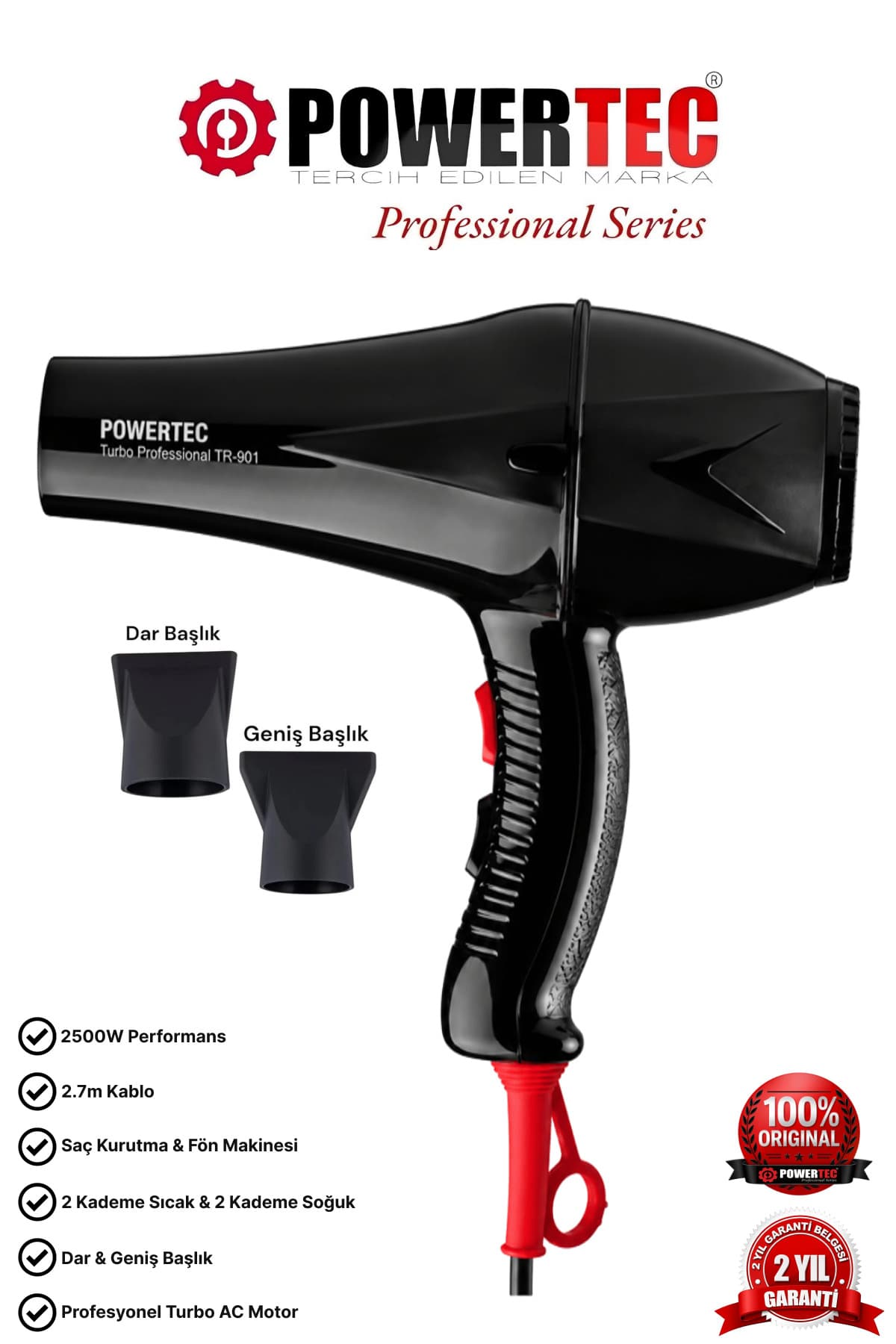 Powertec TR-901 Turbo Profesyonel 2500W Fön Makinesi & Saç Kurutma Makinesi