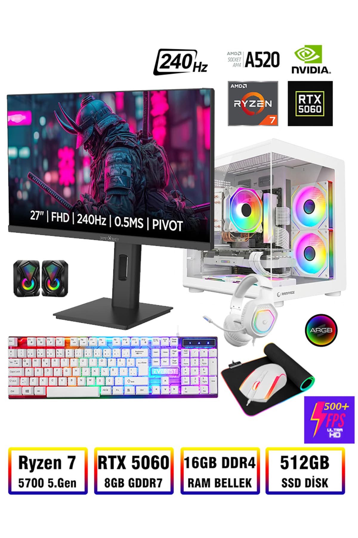 Zeiron Damage X40 Ryzen 7 5700 16GB Ram 512GB M.2 Nvme SSD RTX5060 8GB 27" 240Hz Oyuncu Masaüstü Bilgisayar