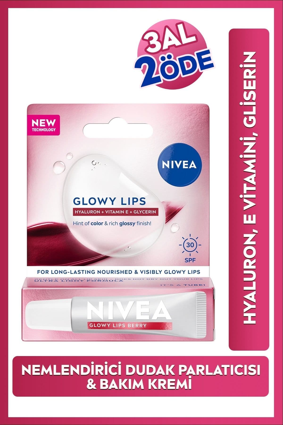 NIVEA SPF30 Glowy Lips Berry Nemlendirici Dudak Parlatıcısı ve Bakım Kremi 10 ml,Hyaluronik Asit,Gliserin