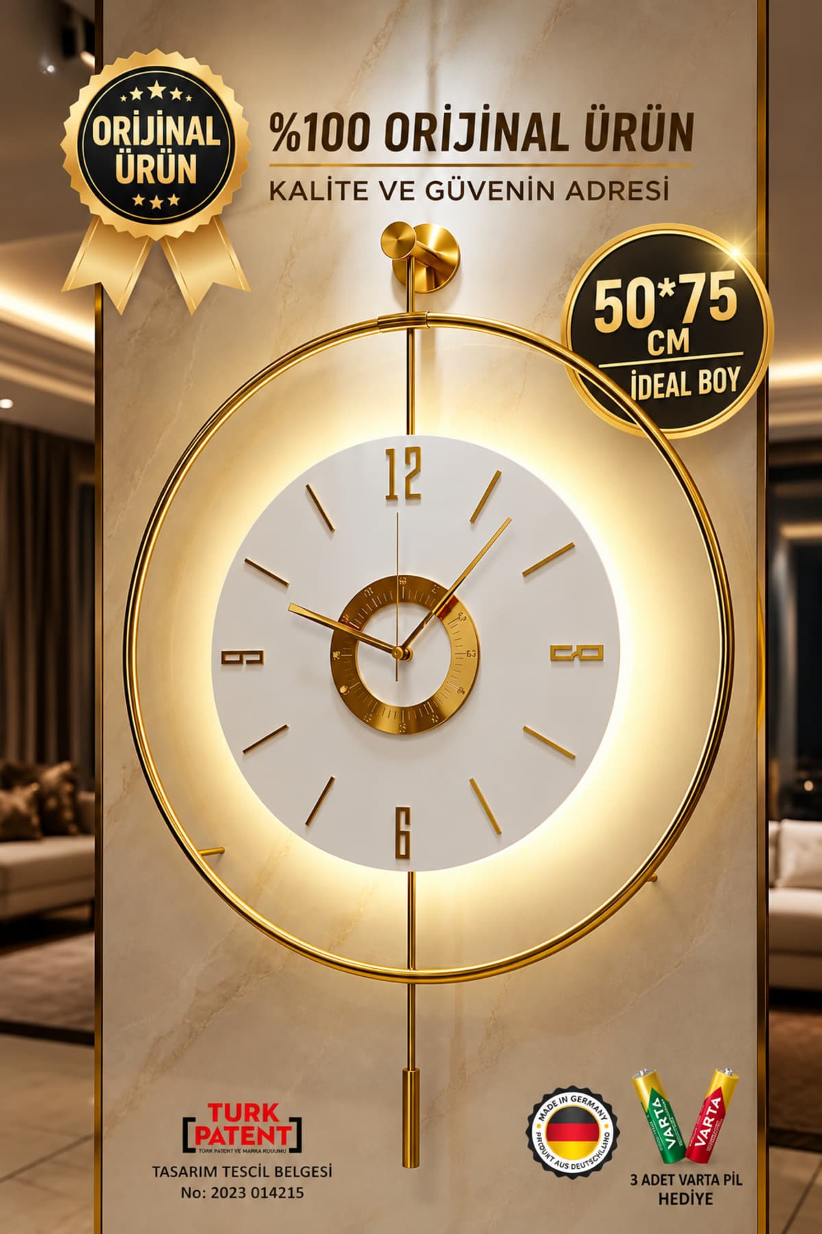 MetaQuartz Aksesuar (BÜYÜK BOY 50X75CM)-Orjinal Metal- İskandinav Kadran Gold (3adet Pil Gelmektedir)-Metal Duvar Saati