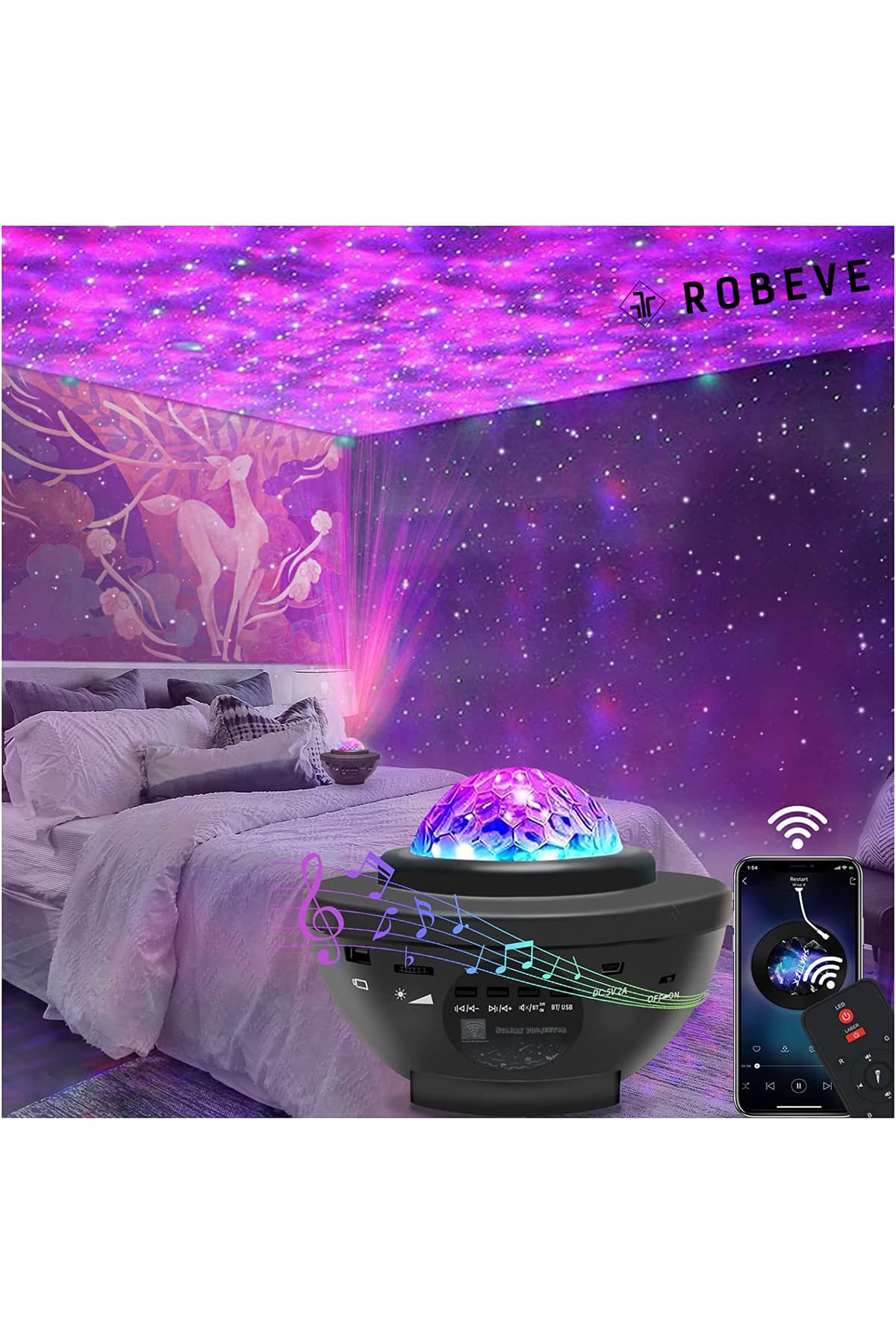 ROBEVE Projektör Gece Lambası Bluetooth Hoparlör Bluetooth Lazer Işıklı Sese Duyarlı Hoparlör Disko Lambası
