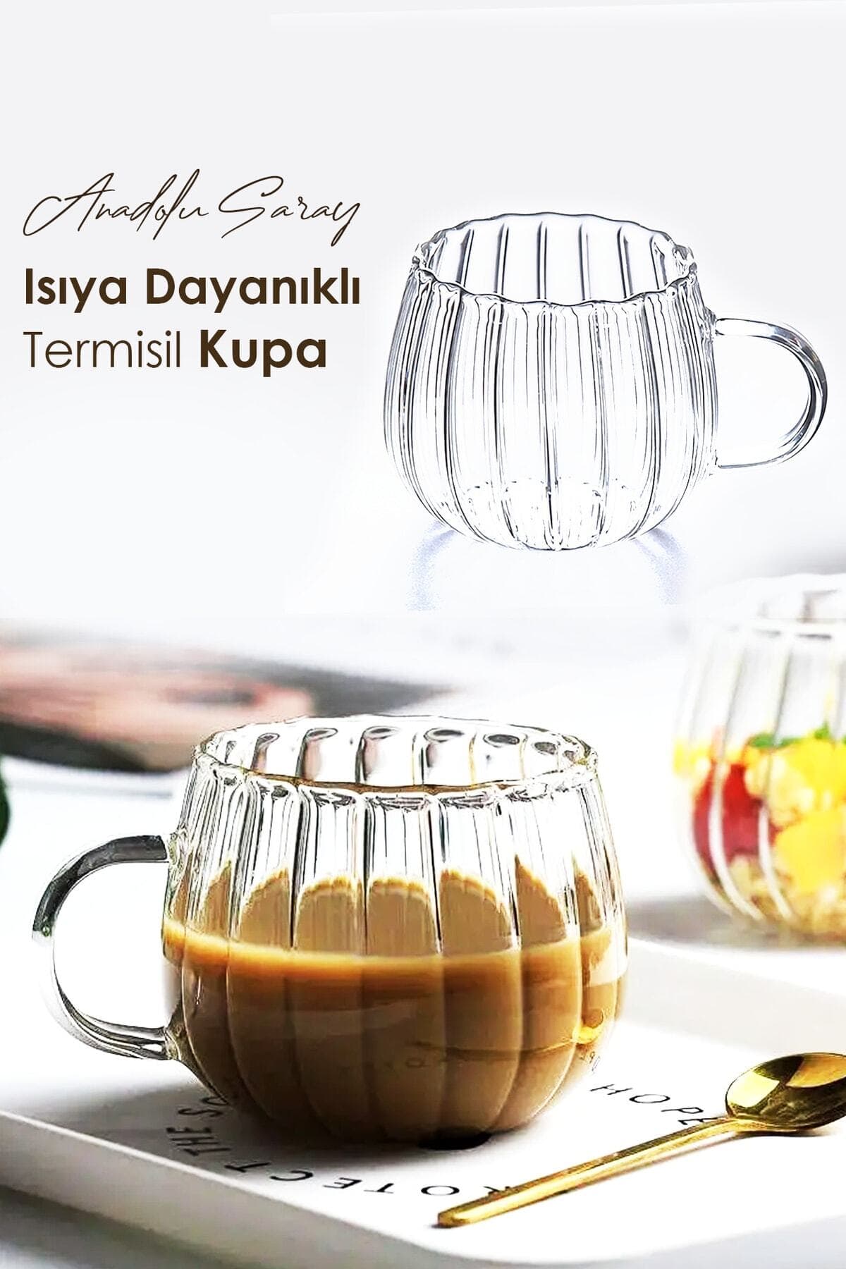 Anadolu Saray Çarşısı Isıya Dayanıklı Borosilikat Termisil Kupa Çizgi Tasarımlı Cam Bardak Kahve Sunum Bardağı 350ml