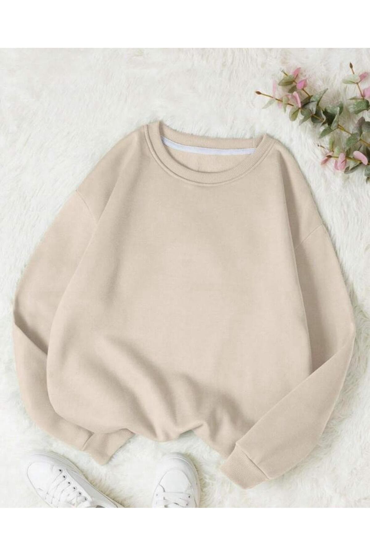 FAVORİST Bisiklet Yaka Sweatshirt Düz Baskısız ( Soft ) Geniş Kalıp