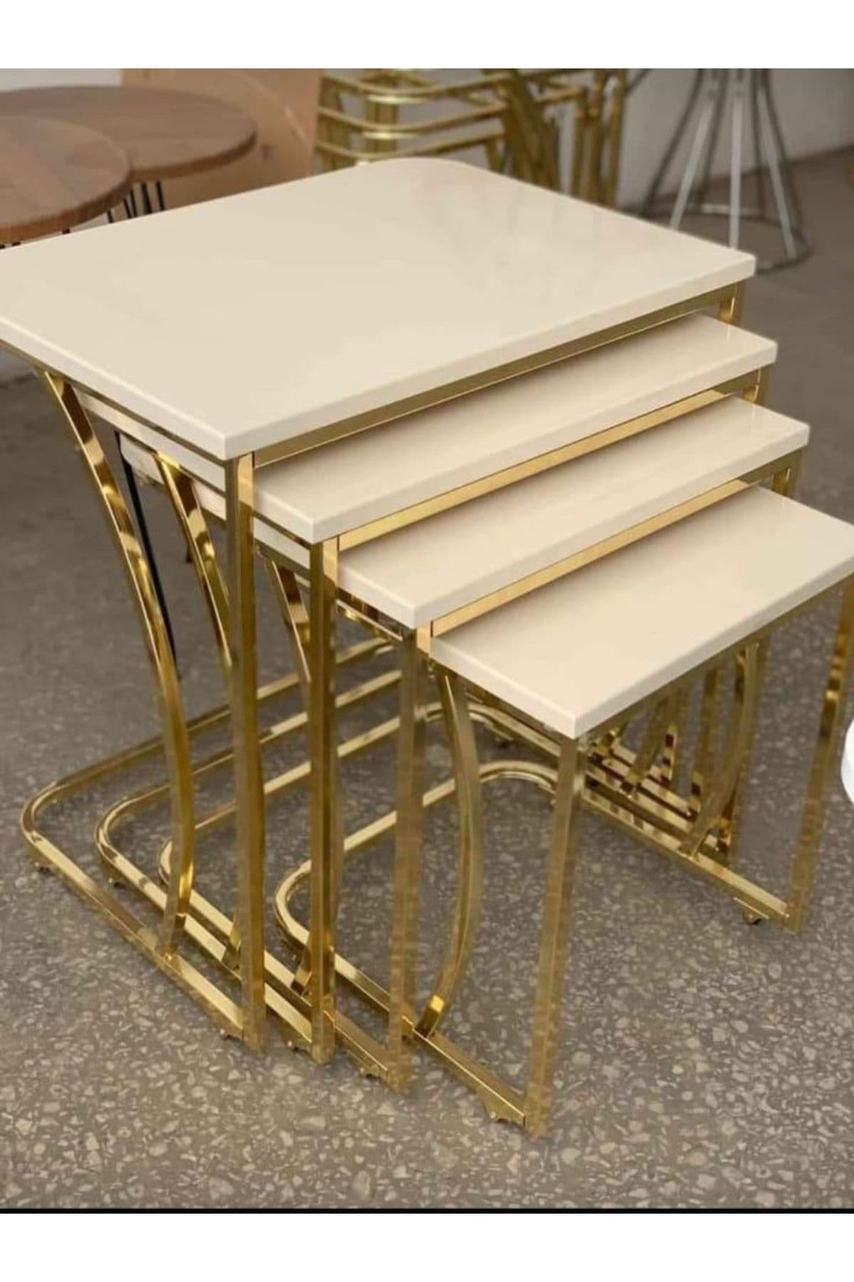 Ankara Dinç Metal Sehpa Tekerlekli C Sehpa Gold-krem, Dörtlü, Zigon Sehpa, Servis Sehpası,yan Sehpa Cg-100