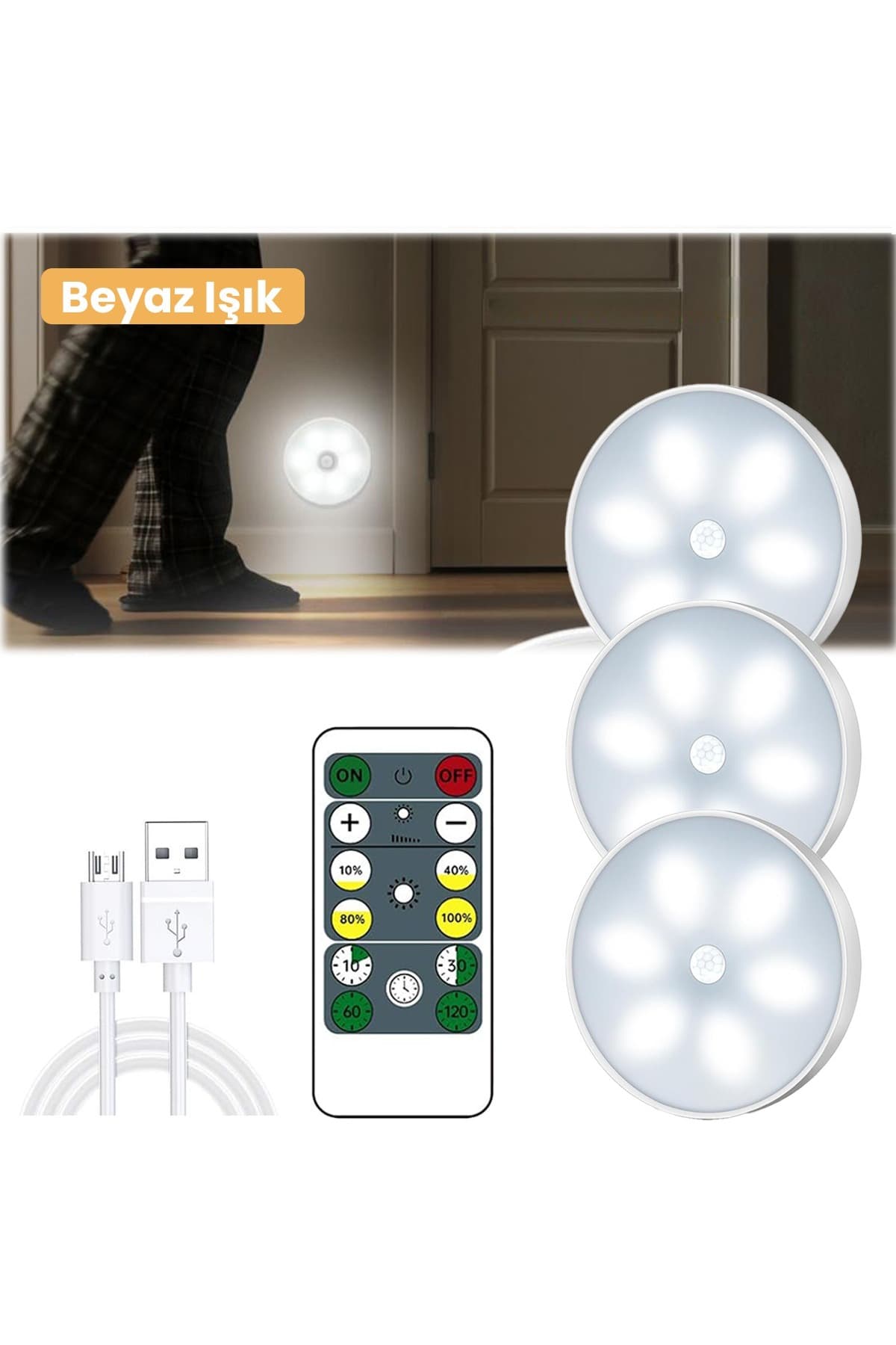 TechnoSmart 3lü Spot Led Kumandalı Usb Şarjlı Akıllı Hareket Sensörlü Kablosuz Lamba Beyaz Işık
