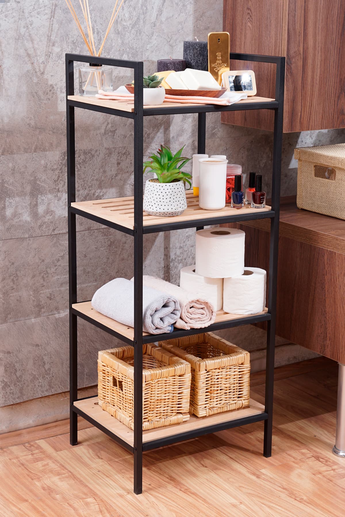 Milonsa Ahşap Banyo Dolabı Havluluk Sabunluk Sergen Banyo Mutfak Salon Dekoratif Açık Dolap 4 Bölmeli Raf