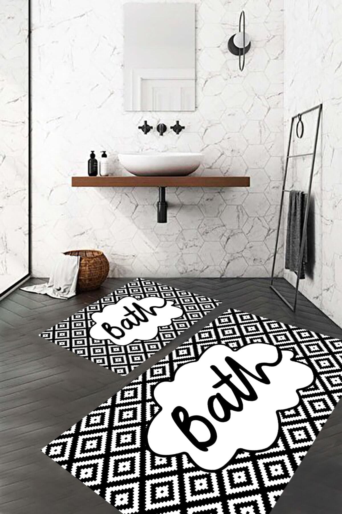 eco concept Banyo Paspası, Kaymaz Taban, Siyah Beyaz, Klozet Takımı, Dekoratif Paspas, Hediyelik, Çeyizlik