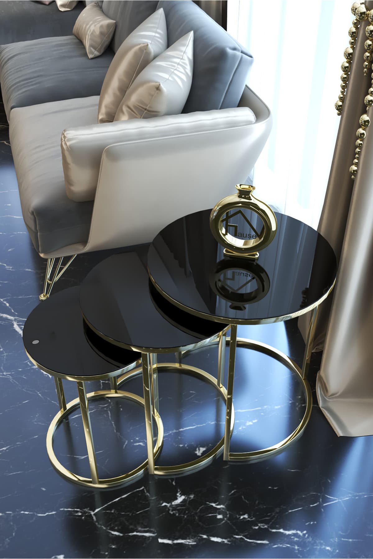 HAUSEV Gold Metal Zigon Sehpa ''Kırılmaz Siyah Cam '' metal gold sehpa