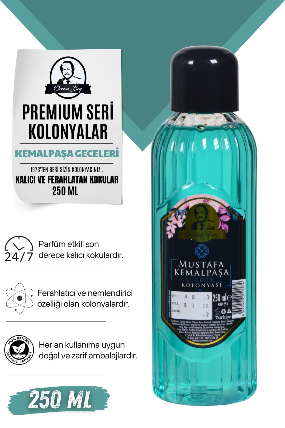 Özcan Kolonya Kozmetik Premium Seri Ferahlatıcı Ve Parfümlü Ekstra Kalıcı Kemalpaşa Geceleri Kolonyası 250ml