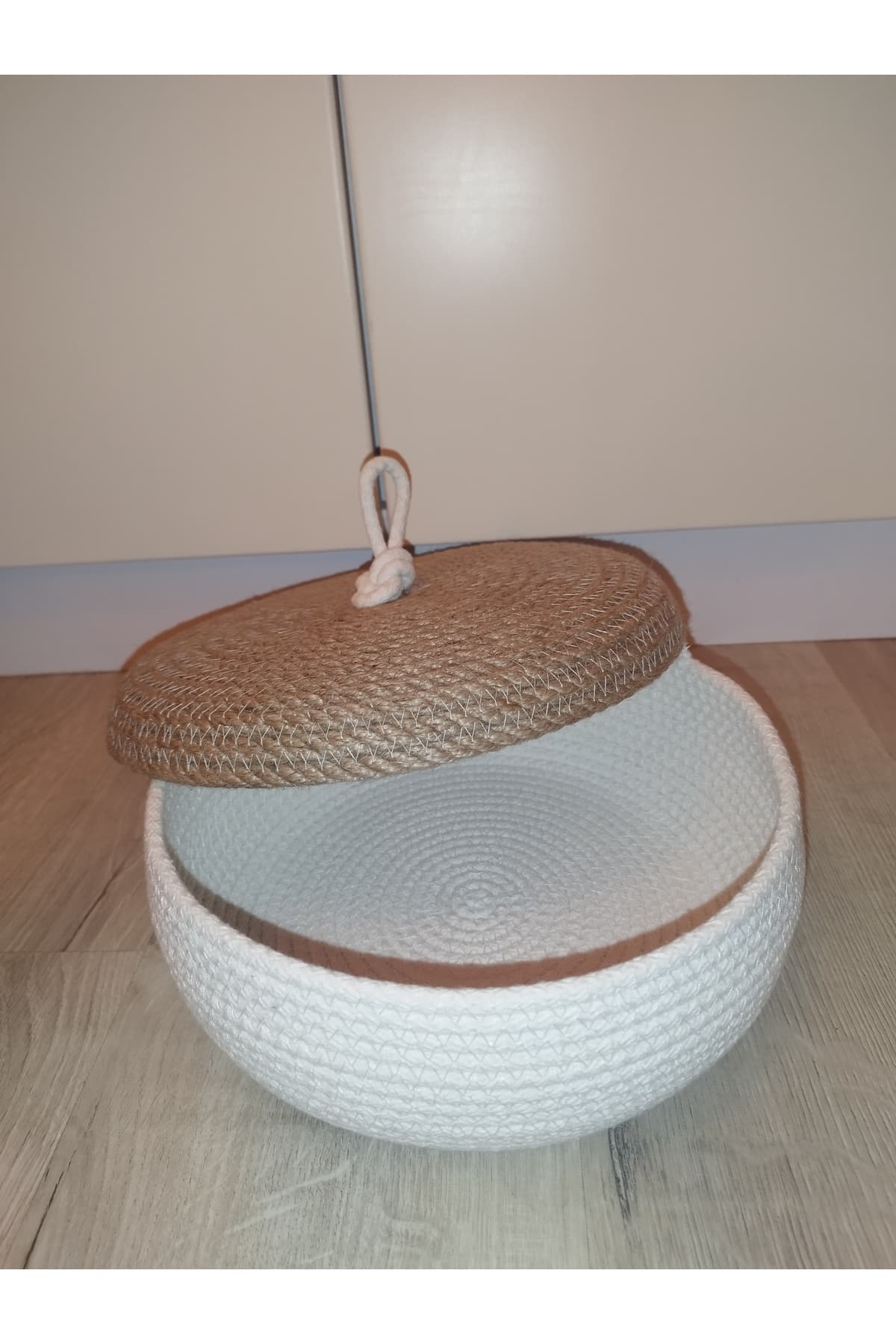 karelim home Çok Amaçlı Dekoratif Organizer Jüt İp Kapaklı Sepet 25 × 12, Hasır