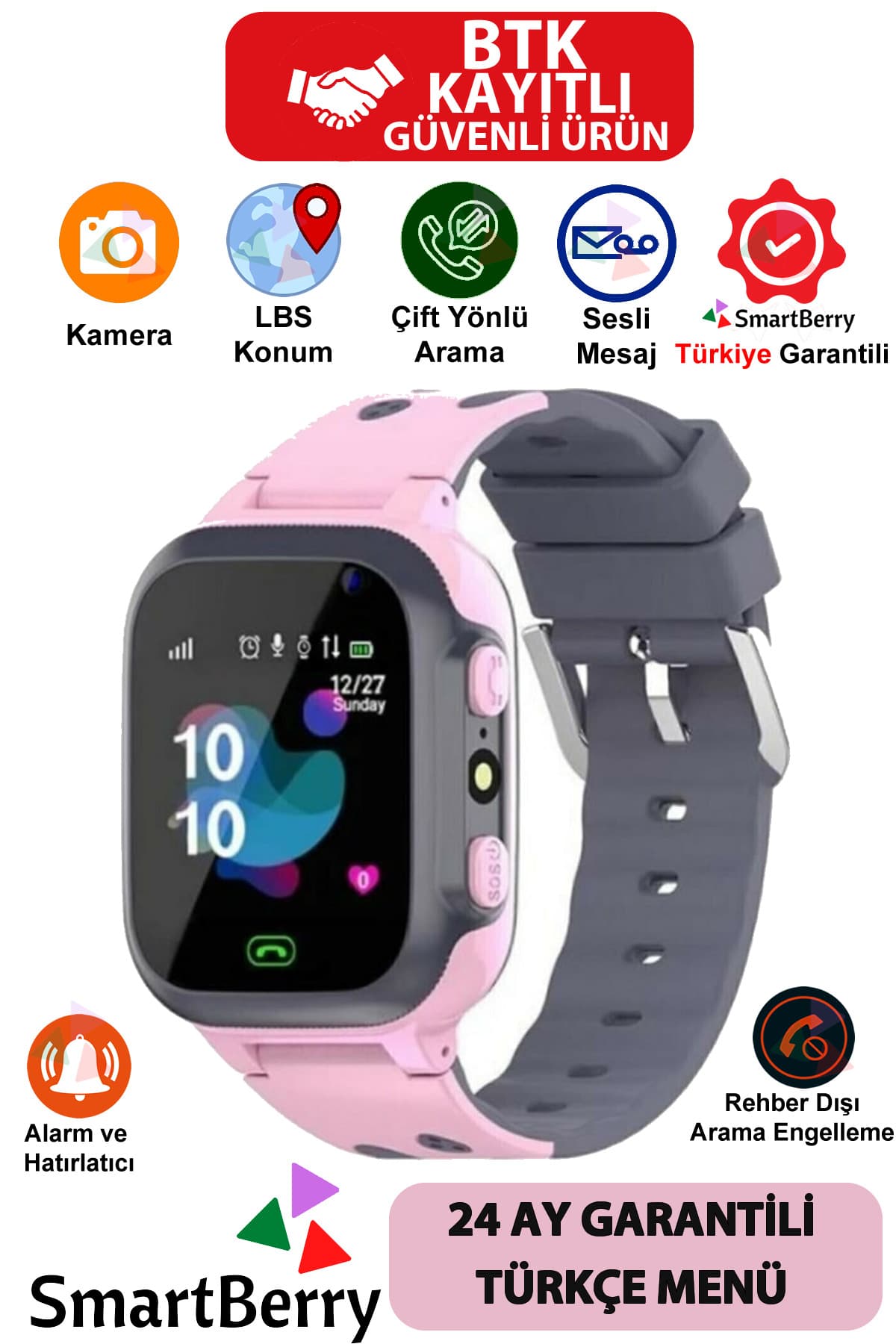 Smartberry Çocuk Konum Takipli Sim Kart Girişli Lbs Ve Sos Özellikli Akıllı Saat - Pembe