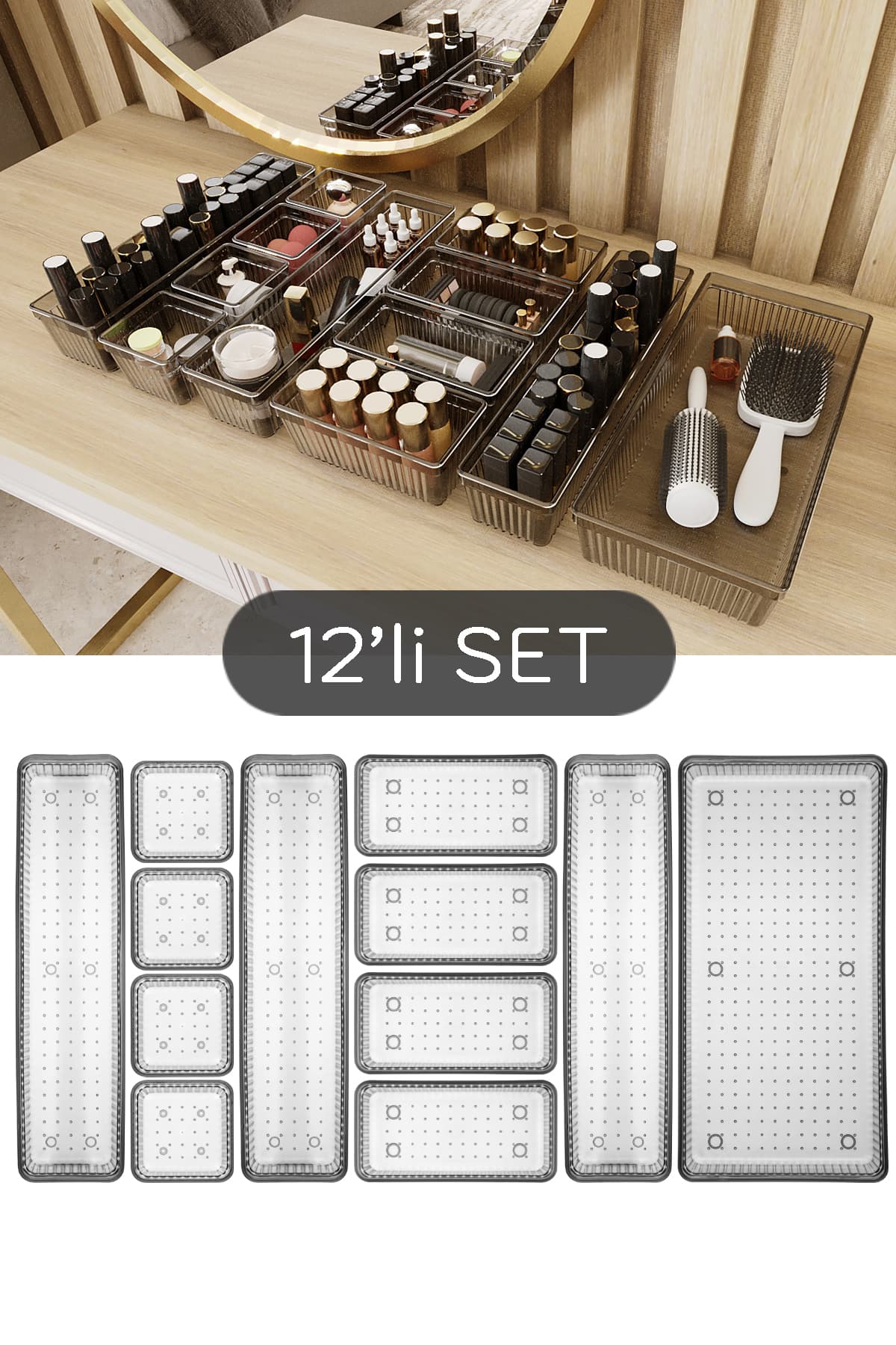 Meleni Home 12'li Modüler Takı Makyaj Organizer - Banyo Çekmece İçi Düzenleyici Set Siyah