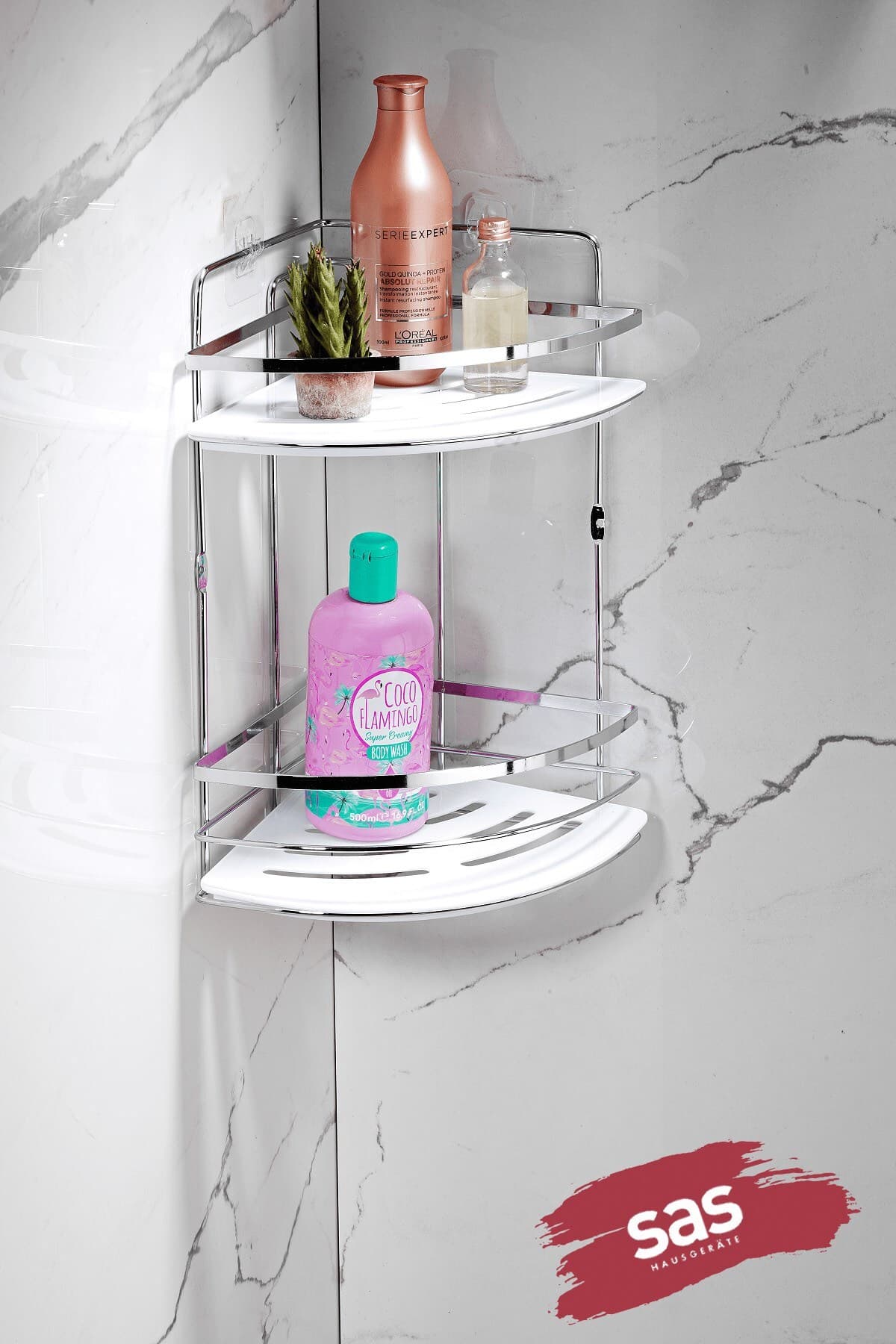 Sas Haus Yapışkanlı Krom Banyo Köşeliği Kristal Raflı Askılı Banyo Düzenleyici Şampuanlık Köşelik LK-02 KB