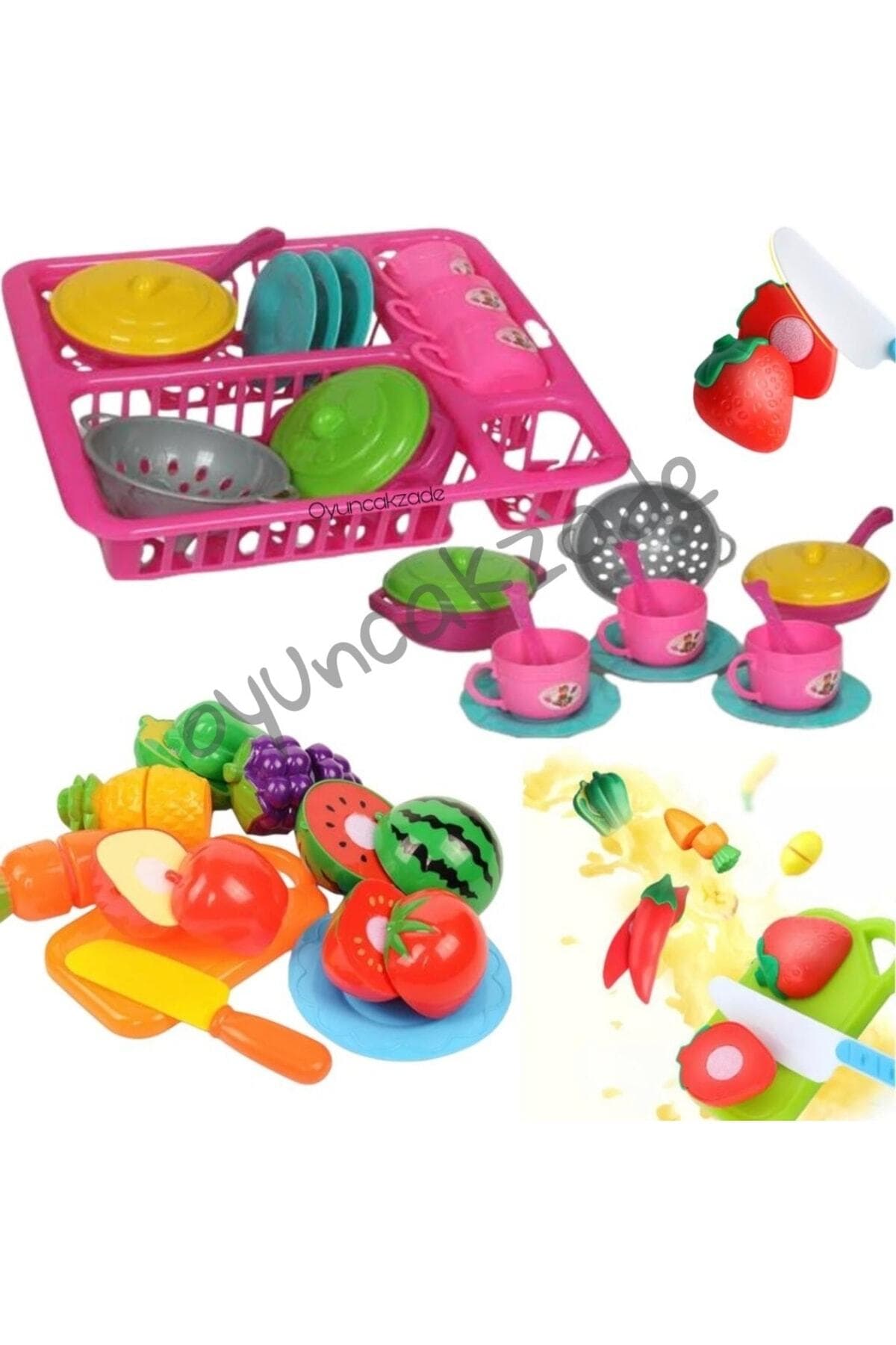 OyuncakZade Pembe Oyuncak Bulaşıklık Tabak Tencere Set + 12 Parça Kesilebilen Oyuncak Meyve Sebze Set Depomiks