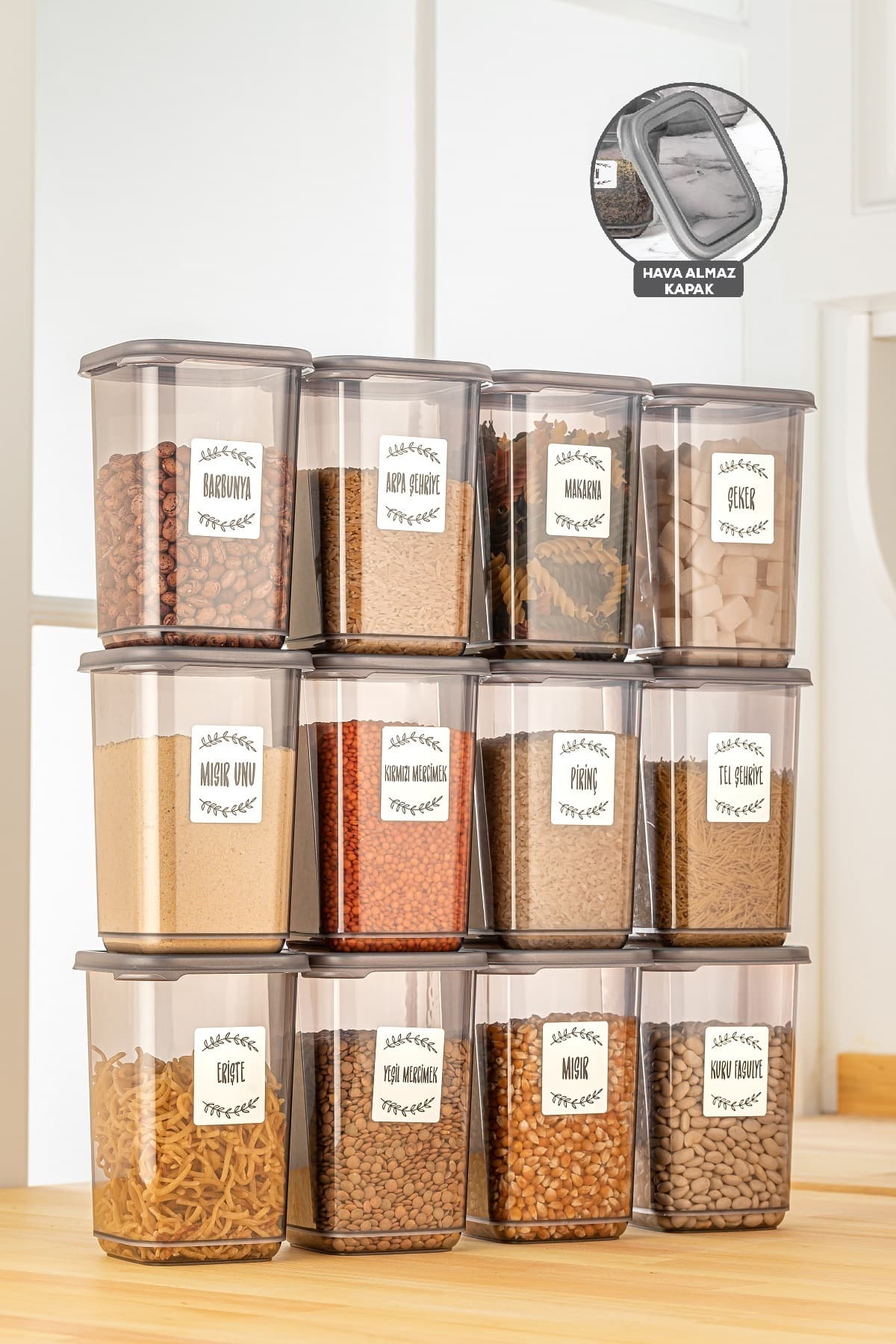 Meleni Home 12'li Etiketli Büyük Boy Baharatlık Seti - Kapaklı Kare Baharat Takımı Saklama Kabı 12x1100 Ml