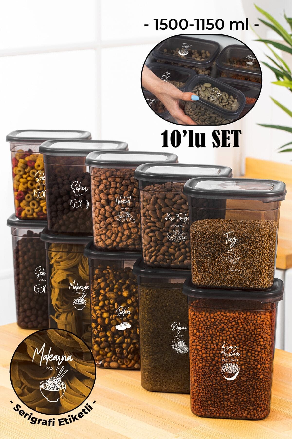 Vienev Beyaz Serigrafi Etiketli 10lu Peggy Dikdörtgen Saklama Kabı Seti 5x(1500-1150 Ml) Antrasit