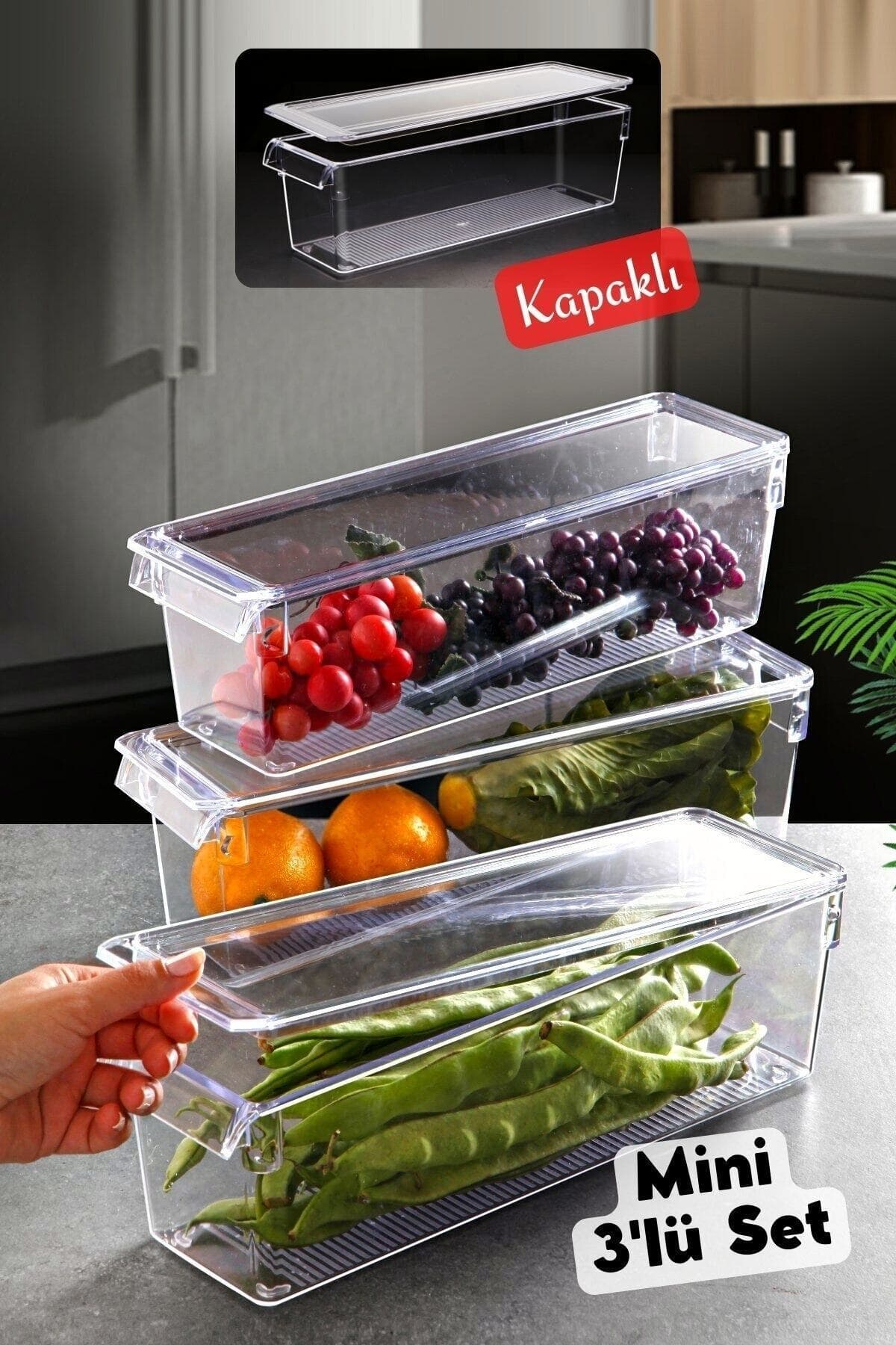 Nandy Home Kapaklı Mini Tall Clear Buzdolabı & Dolap İçi Düzenleyici Organizer - 3 Adet