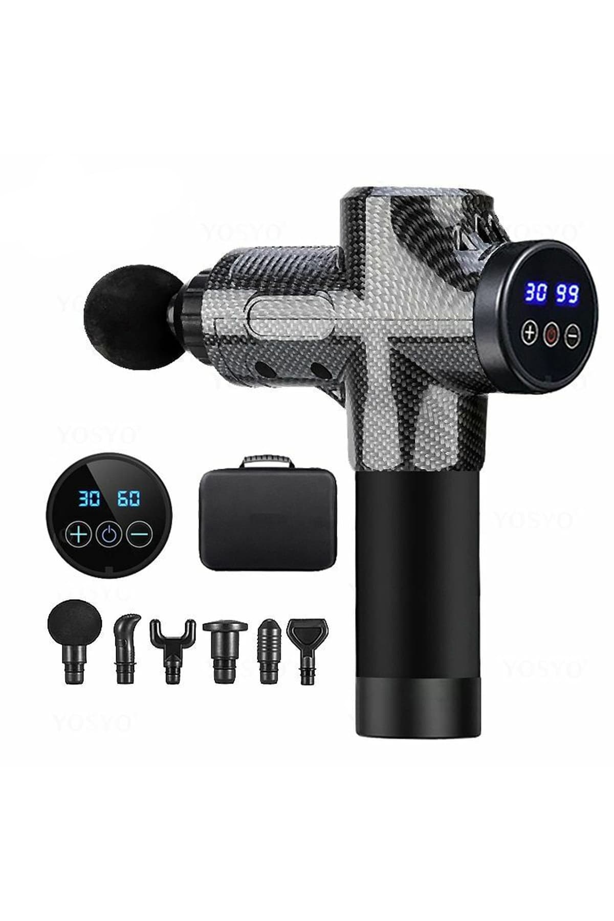 Relax Karbon Desenli Şarjlı LCD Ekranlı 30 Kademeli 6 Başlıklı Çantalı Masaj Tabancası