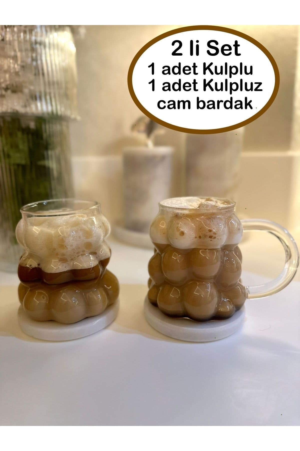 KÜÇÜK EW 2 Li Kulplu Boncuk Bardak Şekilli Bardak Seti | Kahve Ve Sunum Bardağı Borosilikat