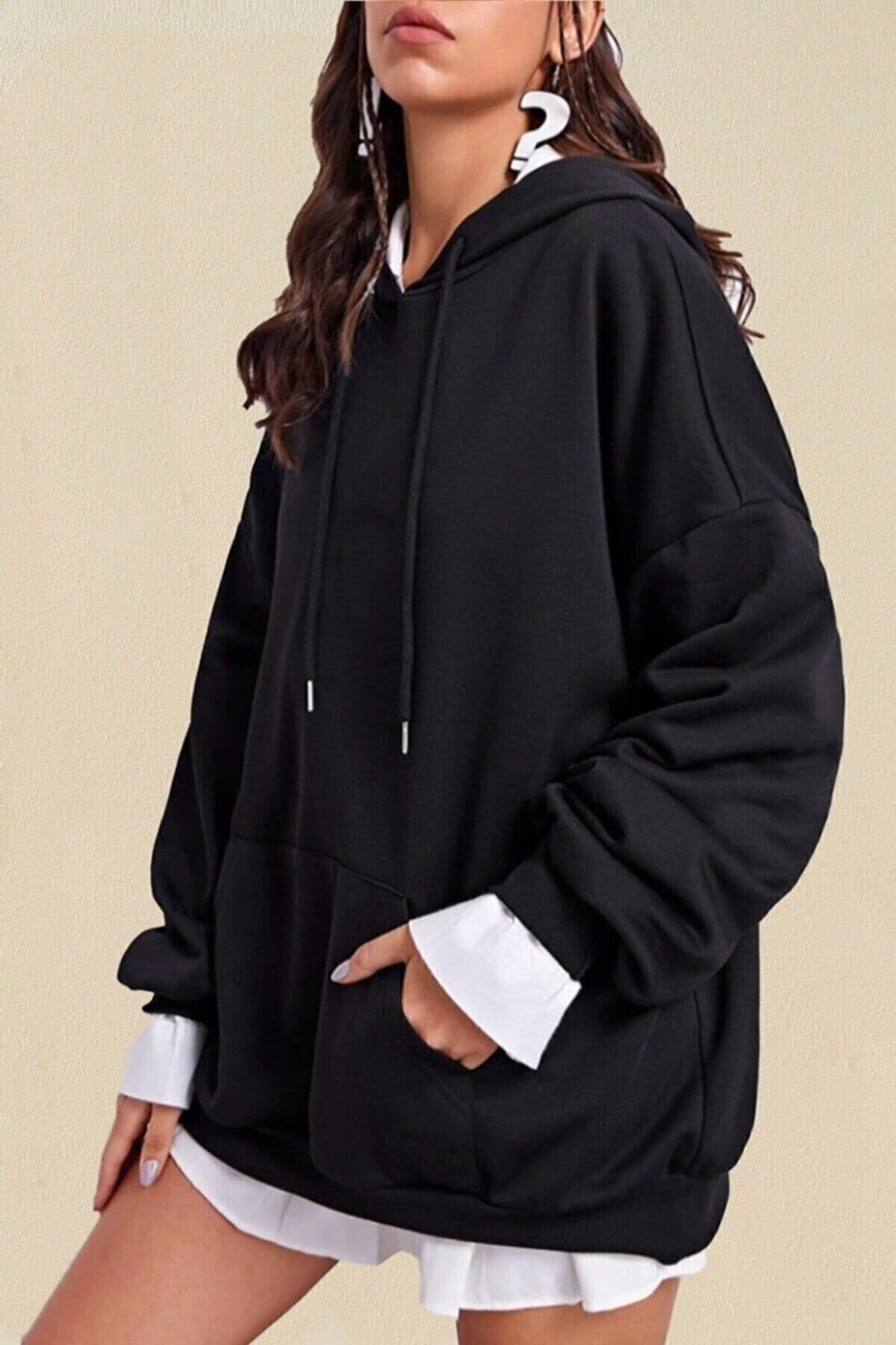 Genel Markalar Blackjackgiyim Düz Siyah Kapüşonlu Oversize Sweatshirt Pamuklu