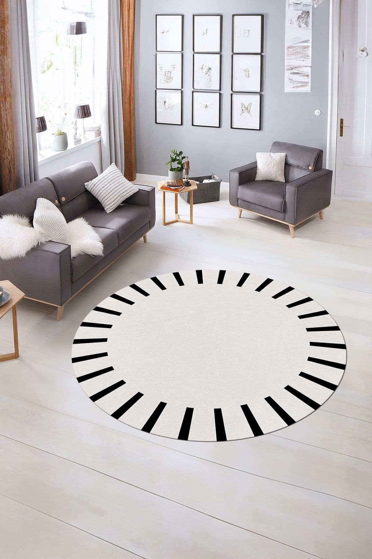 Alkilim Dijital Kaymaz Yıkanabilir Çerçeveli Desen Yuvarlak Mutfak Salon Halısı, N-Y-ÇERÇEVELİ-40-beyaz