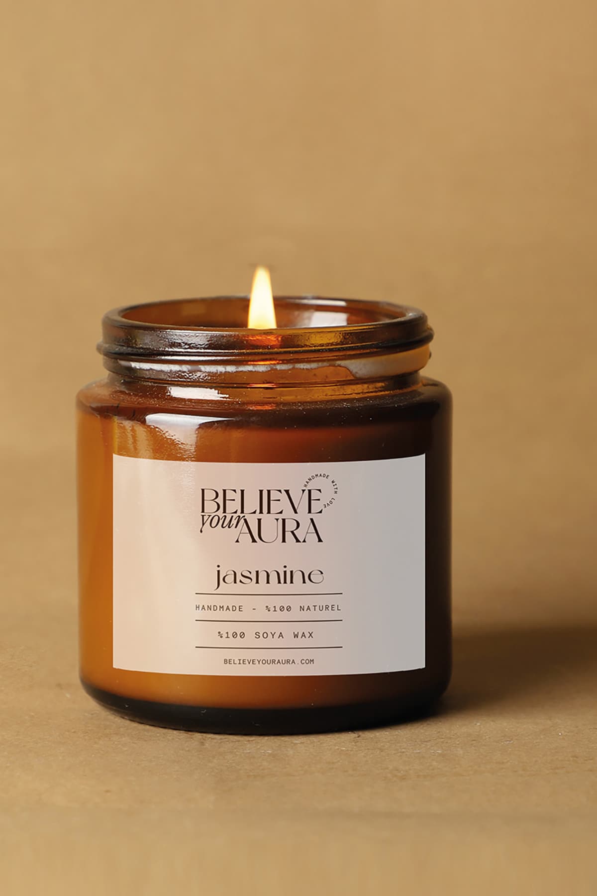 Believe Your Aura Yasemin Kokulu Mum - %100 Doğal Soya Mumu Amber Kavanoz Aromaterapi Mum - 100 cc