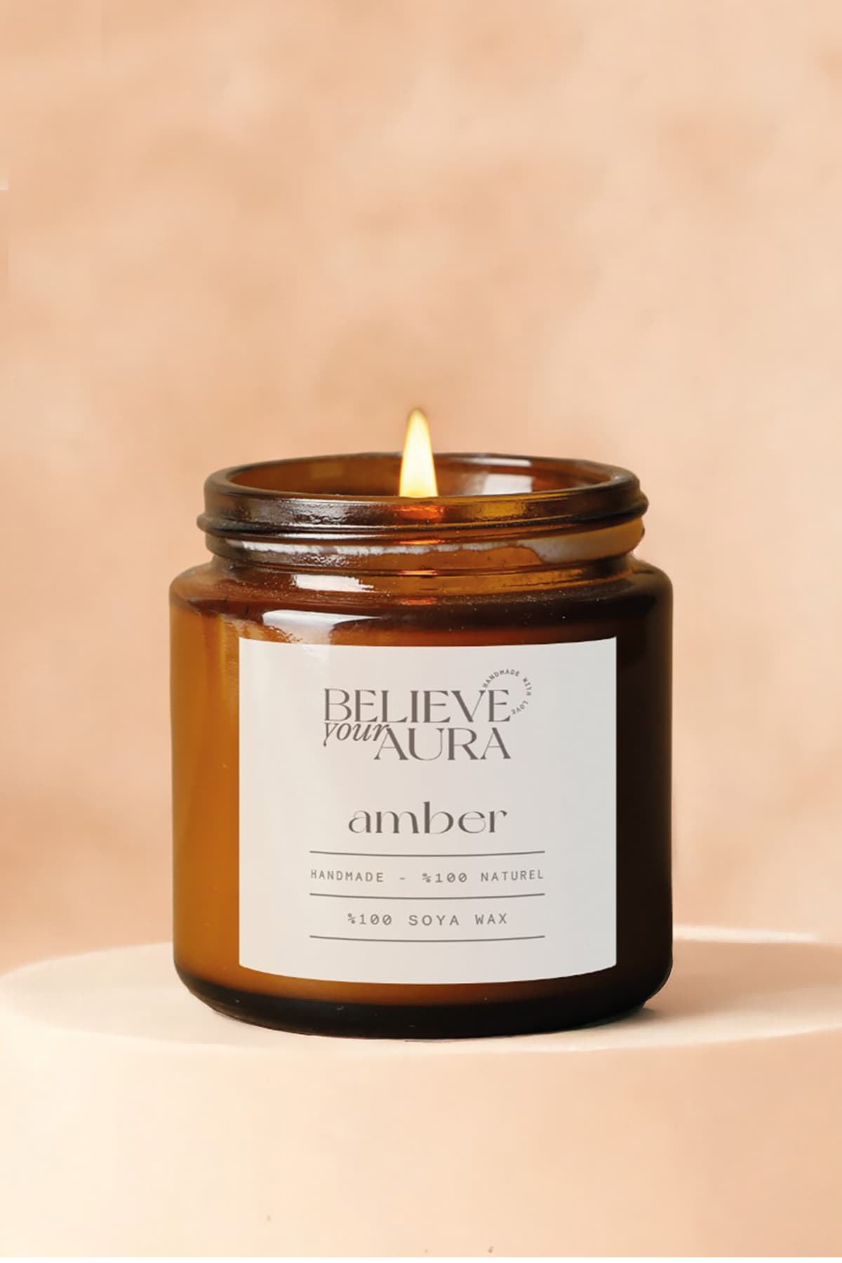 Believe Your Aura Amber Kokulu Mum - %100 Doğal Soya Mumu Amber Kavanoz Aromaterapi Mum - 100 cc