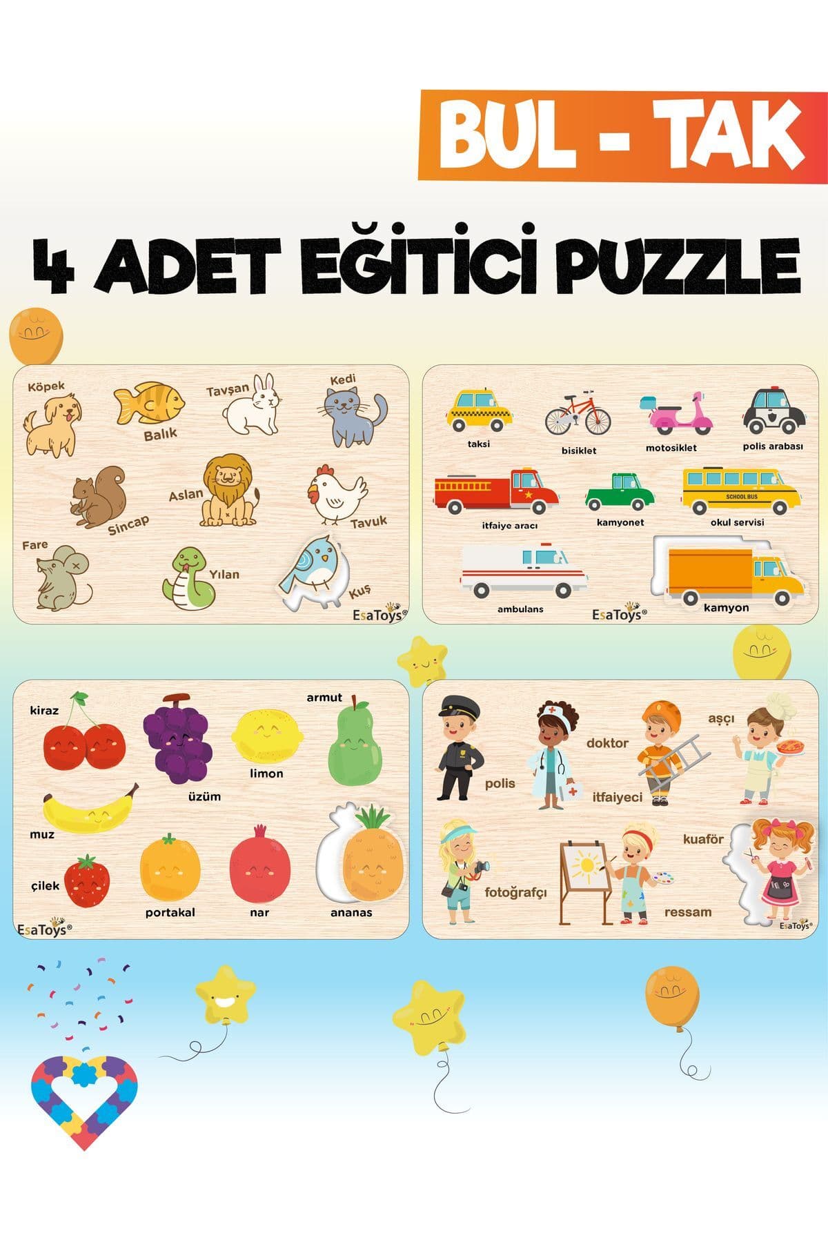 esatoys Ahşap Çocuk Puzzle Hayvanlar Taşıtlar Meslekler Ve Meyveler 4 Adet Puzzle