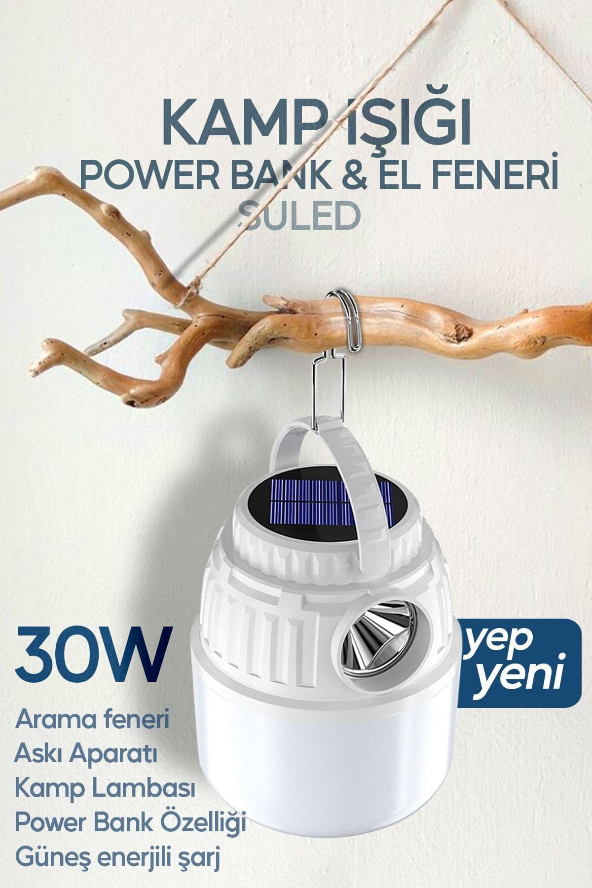 SULED Kamp Lambası Solar Şarjlı El Feneri USB Type-C Şarj Çıkışlı Power Bank Özellikli Lithium 30W Askılı