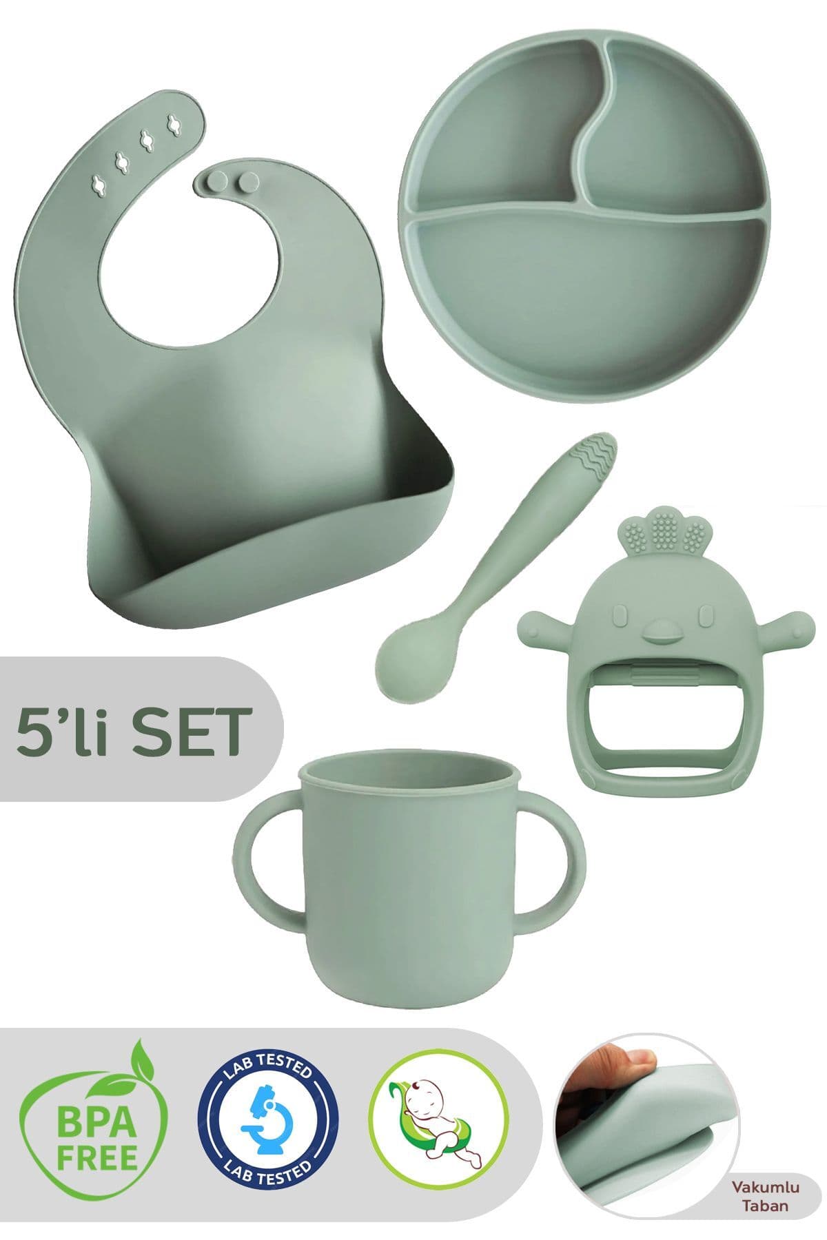 Meleni Baby 5'li Set Silikon Mama Önlüğü, Kulplu Bardak, Vakumlu Tabak, Mama Kaşığı,diş Kaşıyıcı,yeşil