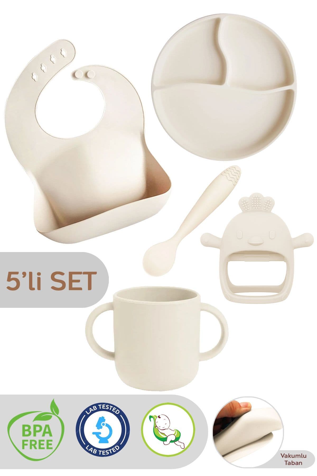 Meleni Baby 5'li Set Silikon Mama Önlüğü, Kulplu Bardak, Vakumlu Tabak, Mama Kaşığı, Diş Kaşıyıcı -bej