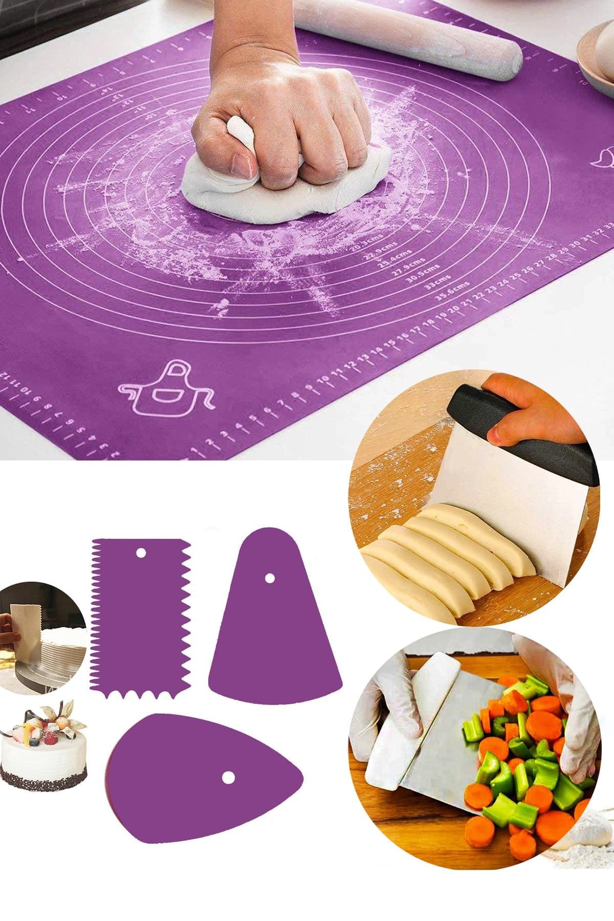 Sekiz8 Silikon Hamur Açma Matı & Hamur Spatulası & 3'lü Kesme Kazıma Dekorasyon Seti