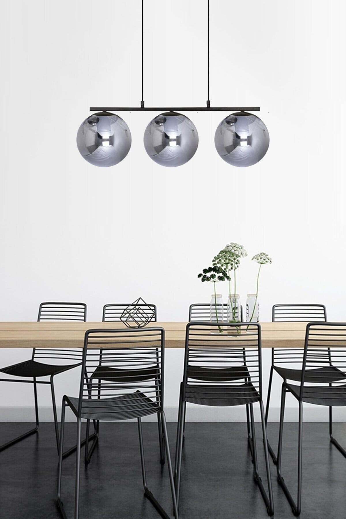 Fer Avize Sezar Siyah Renkli Füme Globe Camlı Modern Tasarım Yemek Masası Üstü -salon 3 Lü Avize
