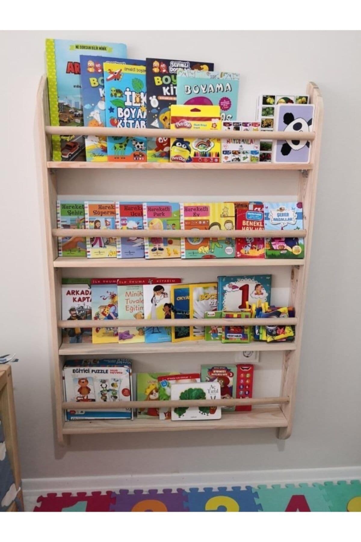 MrtAhşap Montessori Kitaplık Geniş Model Yuvarlak Çıtalı