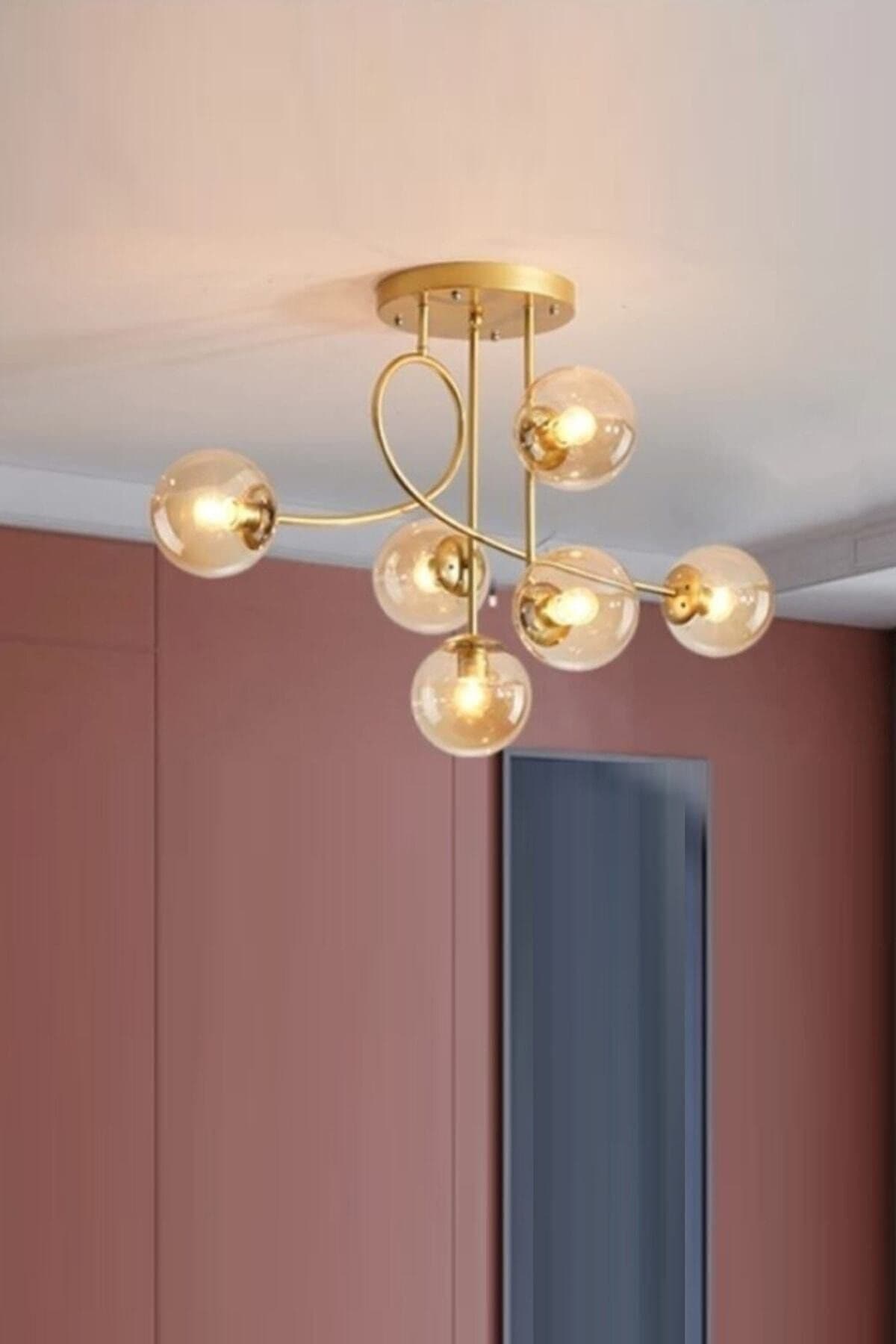 Fer Avize Jade Özel Tasarım Modern Spor Gold Renk Bal Camlı Salon - Mutfak - Yatak Odası 6 Lı Avize
