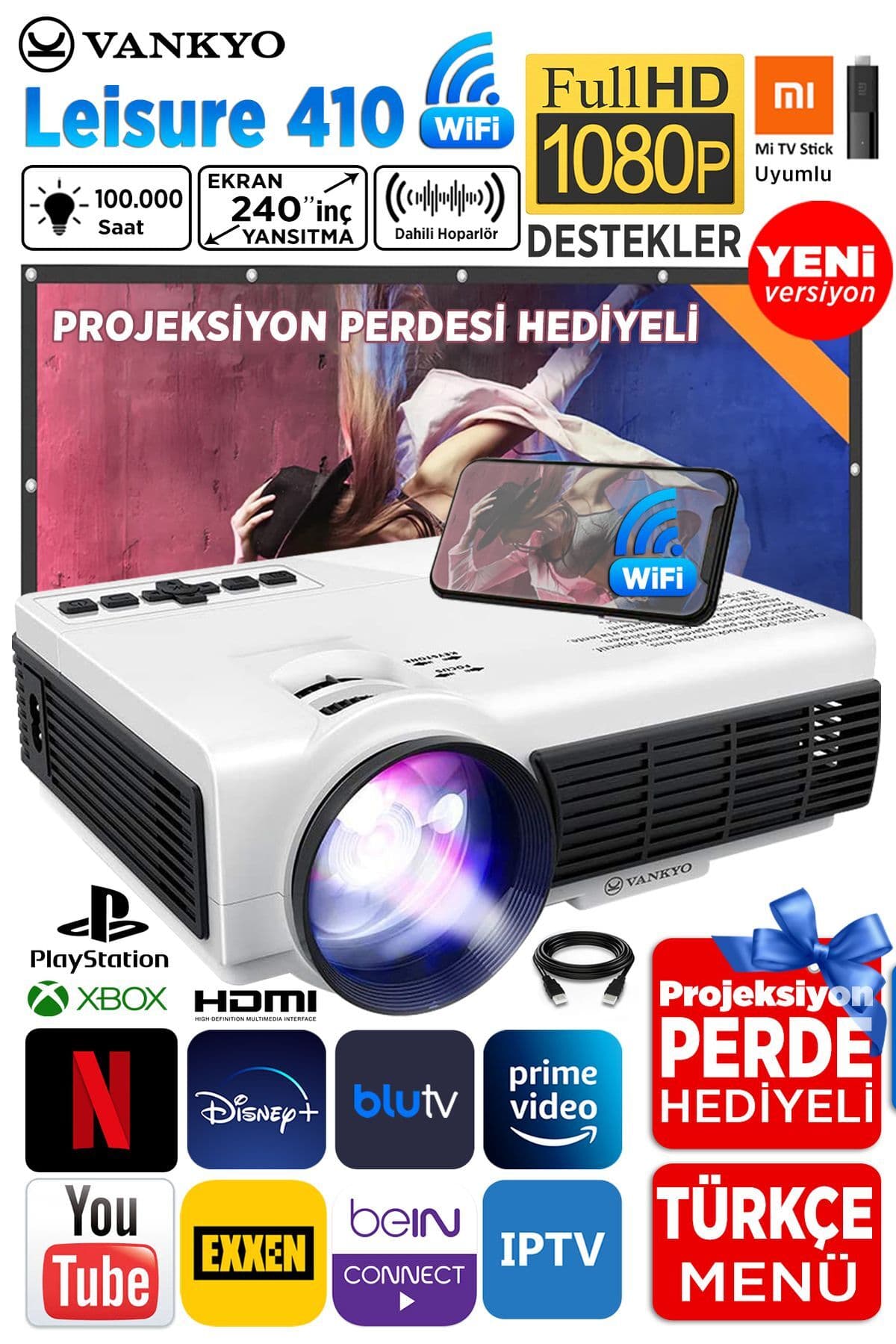 Vankyo Leisure 410 5g Wifi 1080p Destekli Lcd Led Projeksiyon Cihazı - 240 Inç Yansıtma - Dahili Hoparlör