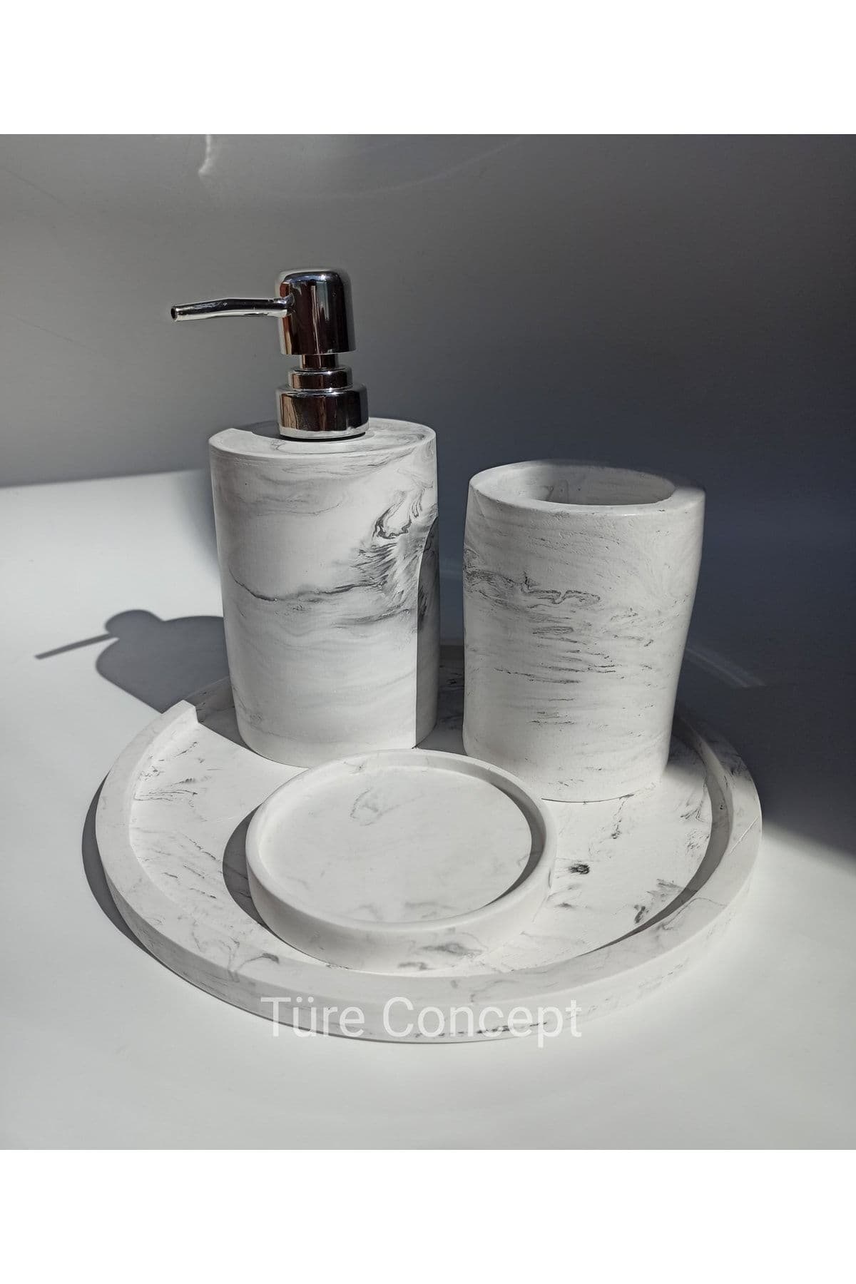 Ture Concept Mermer Desenli Banyo Seti & Tepsi, Sıvı Sabunluk, Katı Sabunluk, Diş Fırçalık